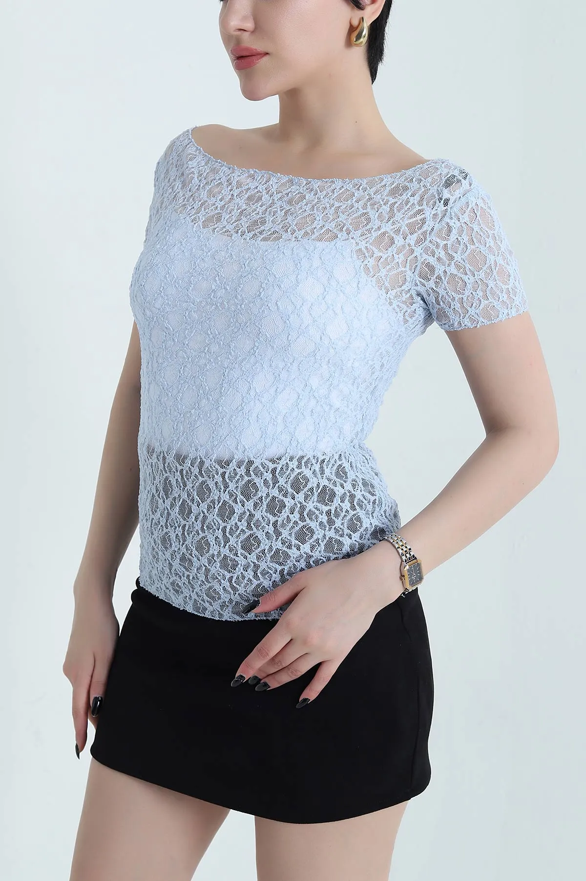 Bebe Mavisi Kayık Yaka Dantelli Tül Kadın Bluz 454025