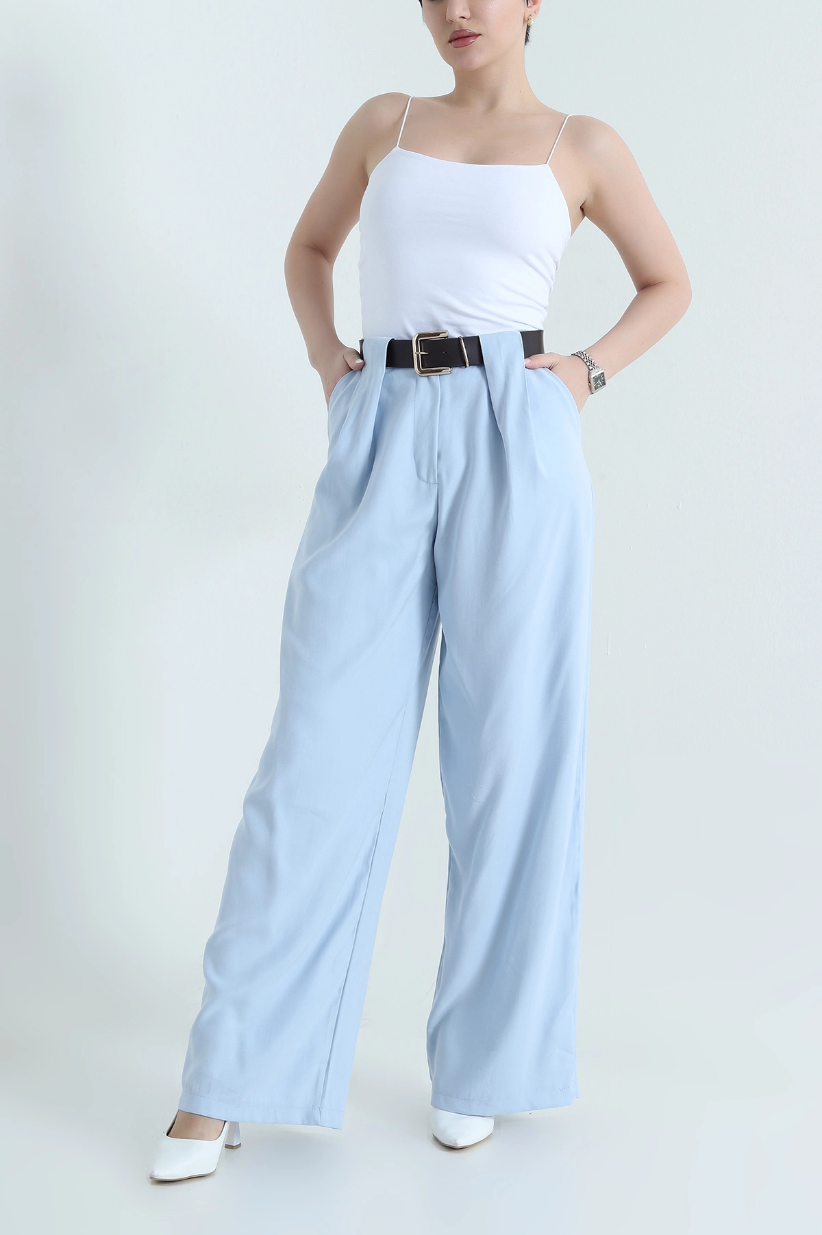 Bebe Mavisi Kemerli Kadın Diagonal Modal Salaş Pantolon 447821