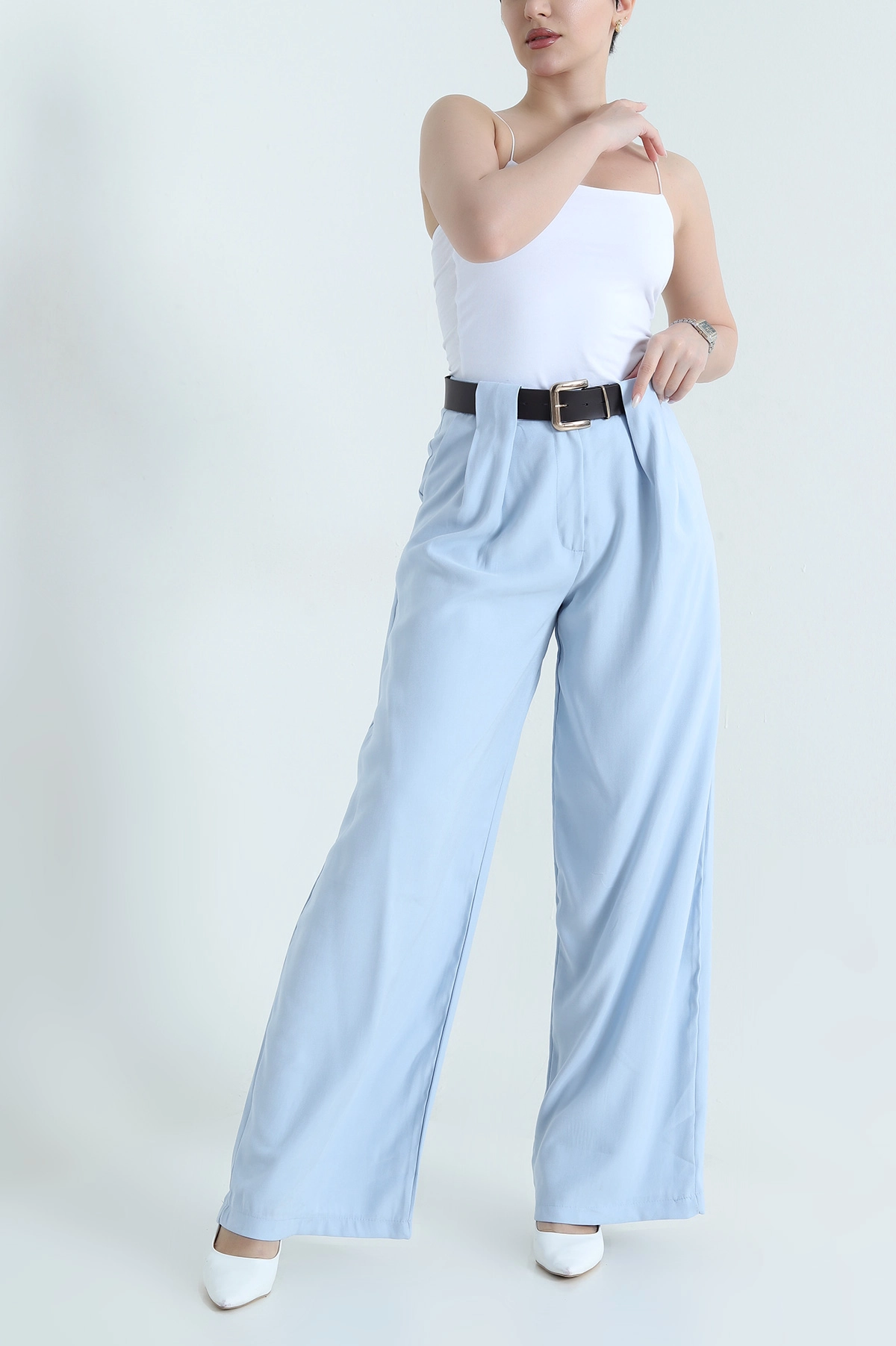 Bebe Mavisi Kemerli Kadın Diagonal Modal Salaş Pantolon 447821