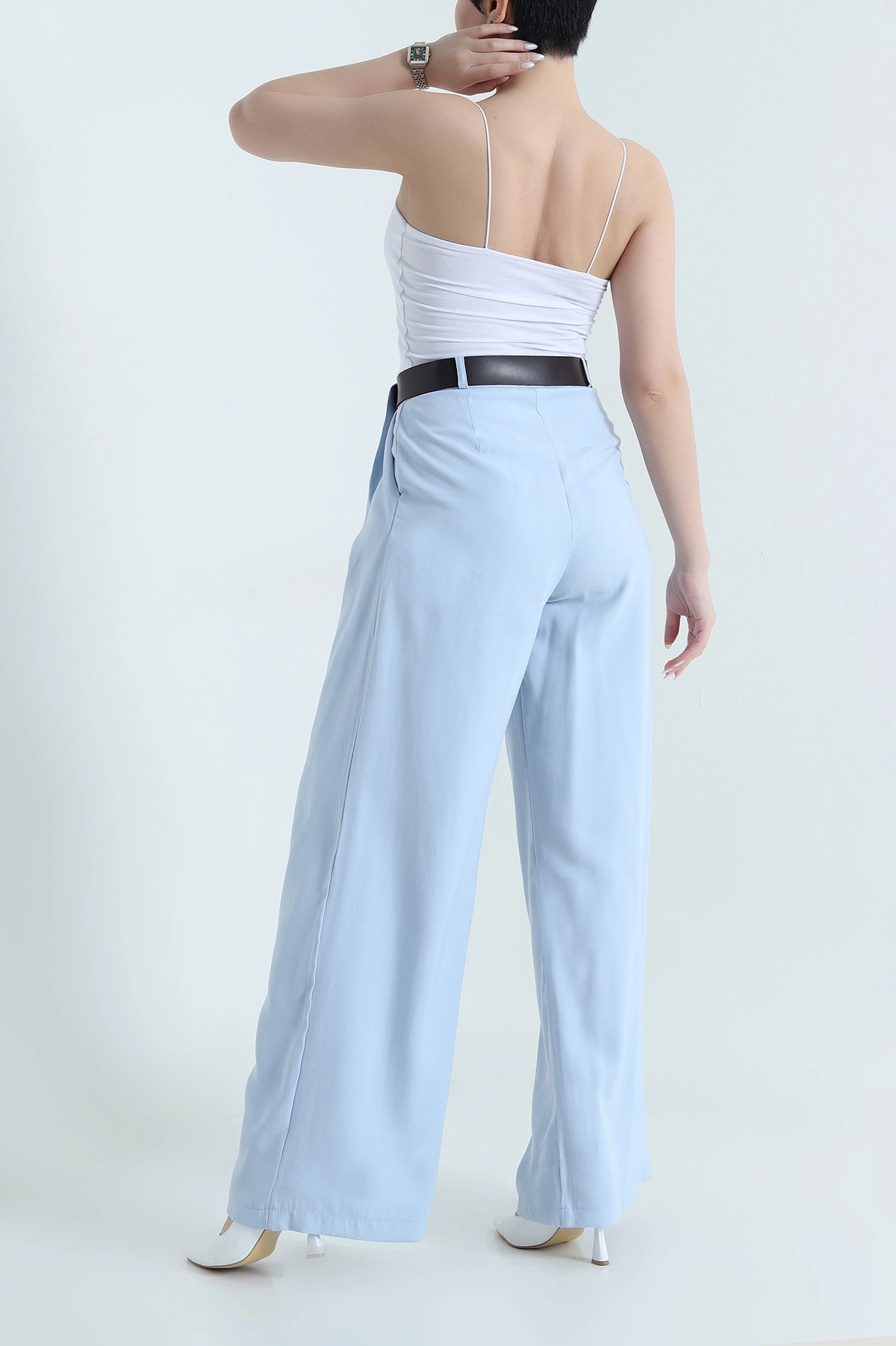 Bebe Mavisi Kemerli Kadın Diagonal Modal Salaş Pantolon 447821