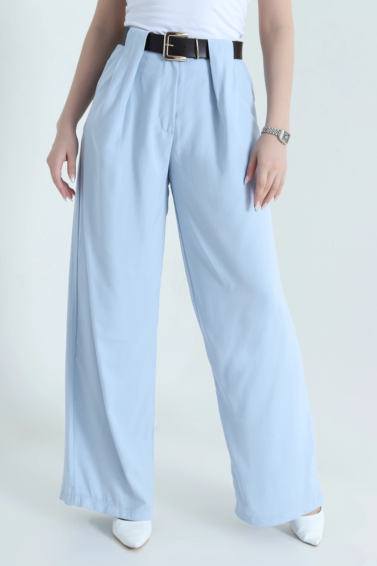 Bebe Mavisi Kemerli Kadın Diagonal Modal Salaş Pantolon 447821