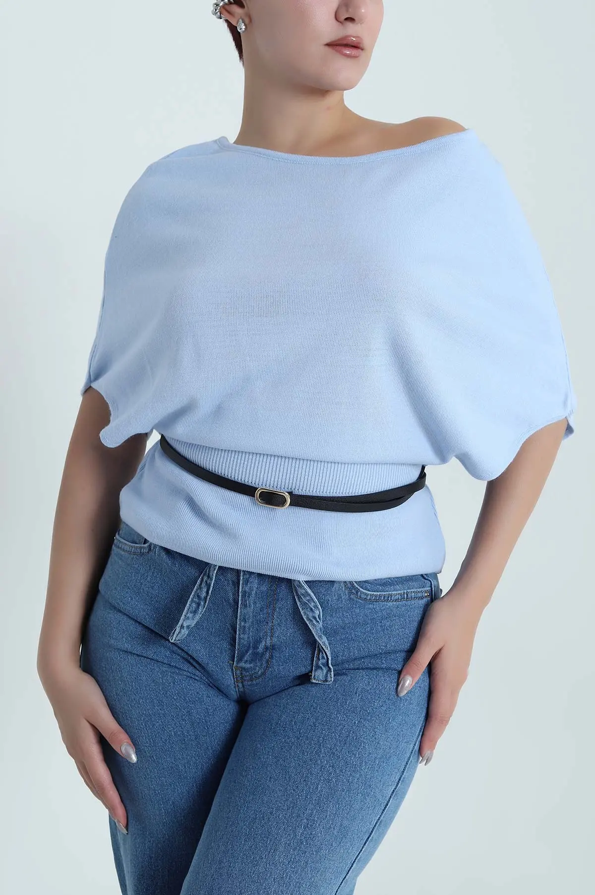 Bebe Mavisi Kemerli Yarasa Kol Kadın Triko Bluz 483770
