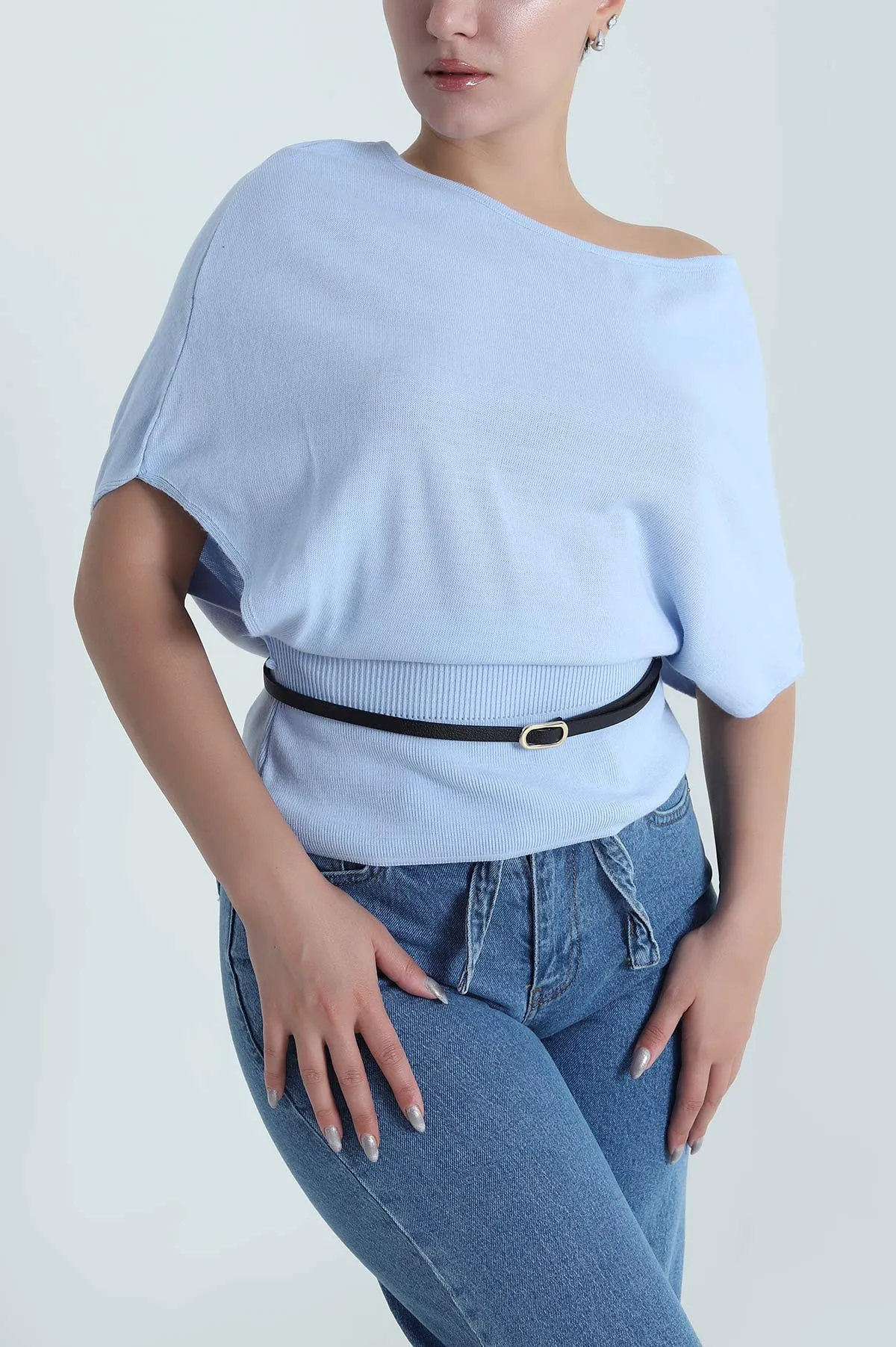 Bebe Mavisi Kemerli Yarasa Kol Kadın Triko Bluz 483770