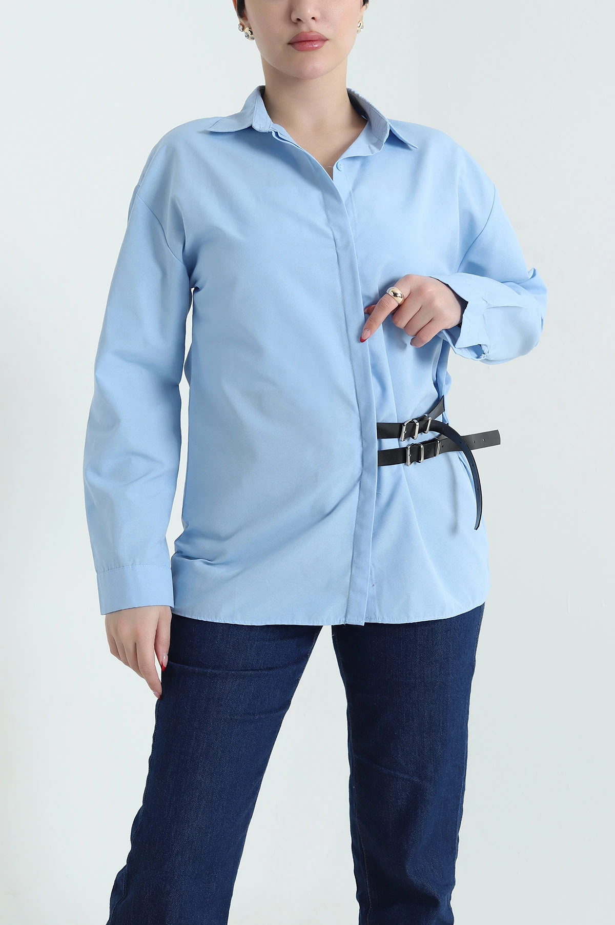 Bebe Mavisi Kendinden Kemerli Poplin Kadın Gömlek 434695