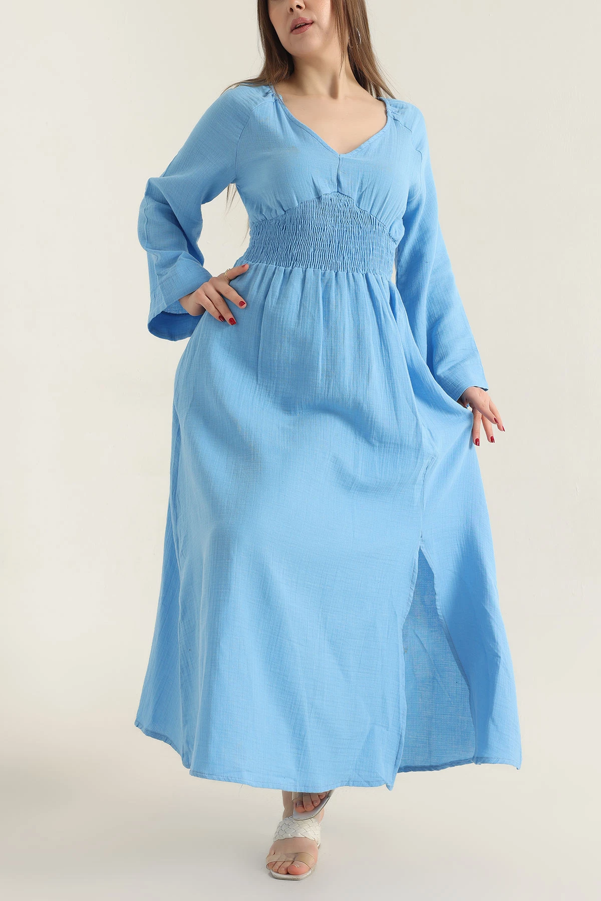 Bebe Mavisi Keten Beli Lastikli Elbise 337023