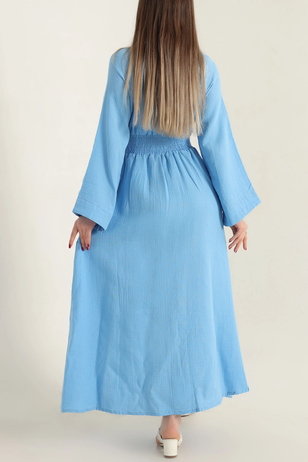 Bebe Mavisi Keten Beli Lastikli Elbise 337023