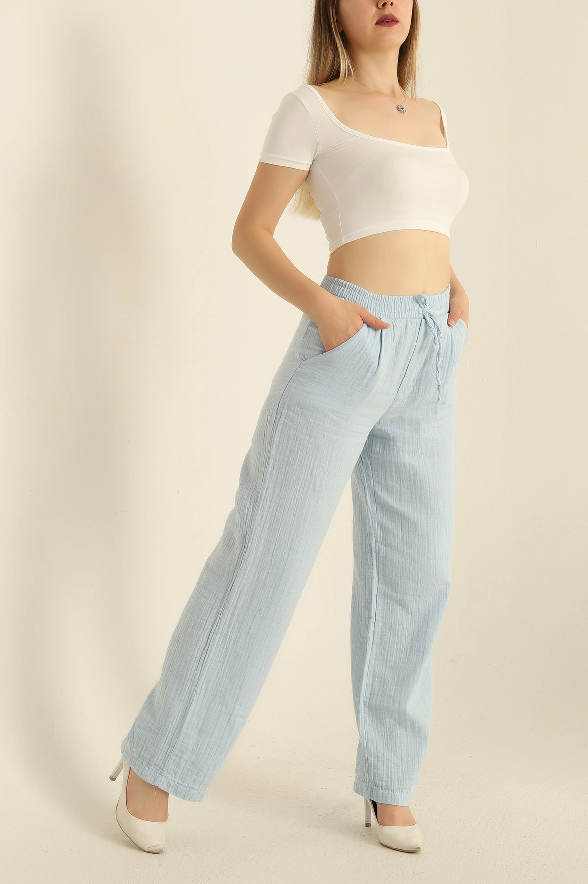 Bebe Mavisi Müslin Keten Beli Lastikli Palazzo Pantolon 278431