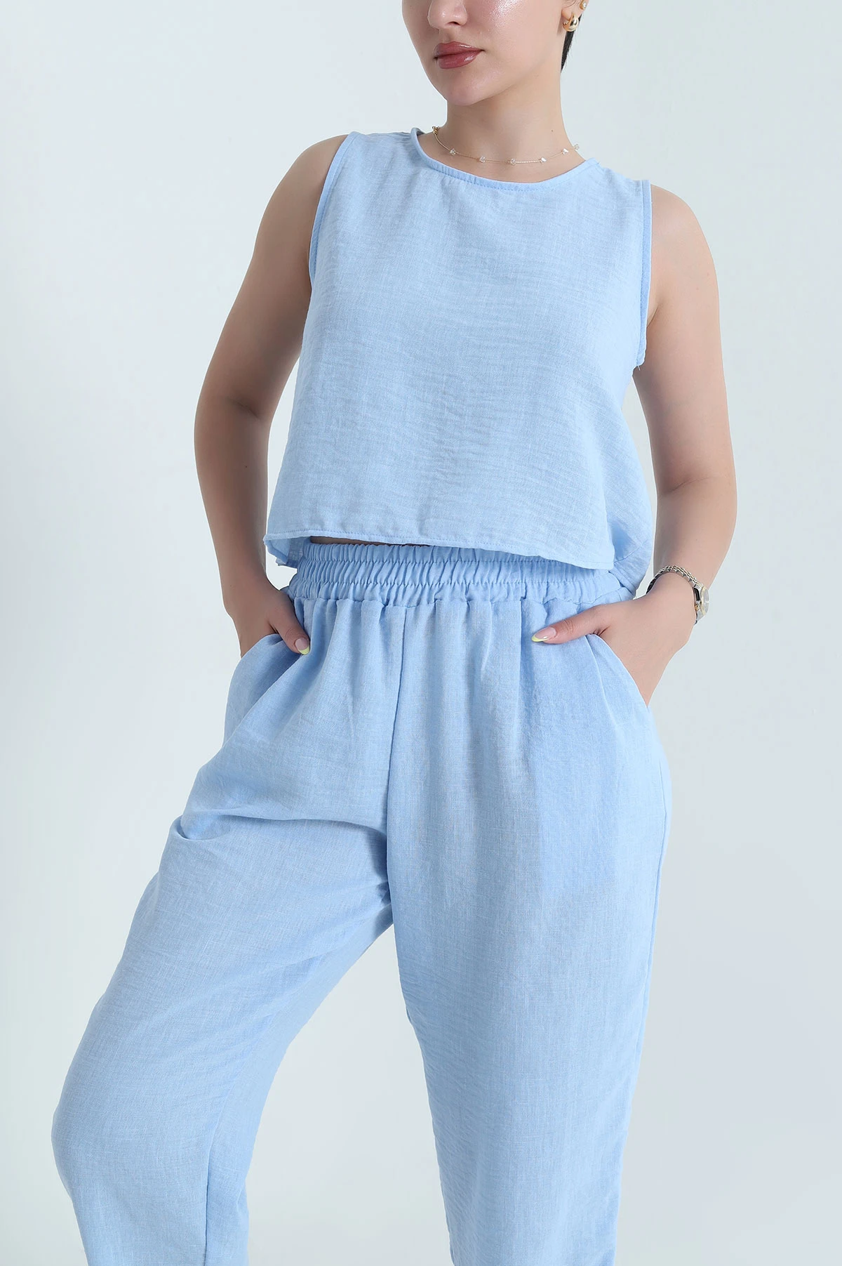 Bebe Mavisi Keten Bluz Pantolon Kadın İkili Takım 467346