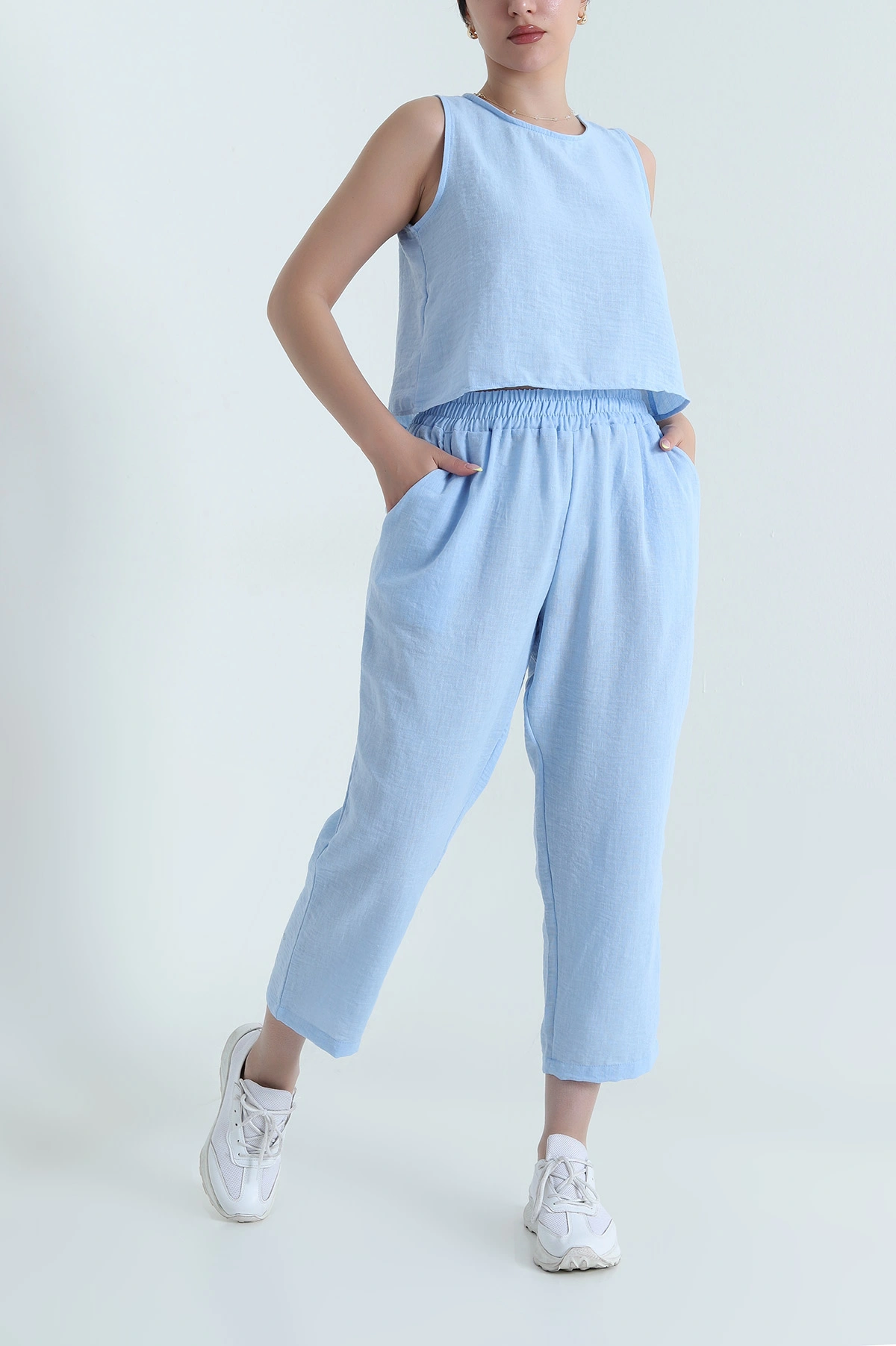 Bebe Mavisi Keten Bluz Pantolon Kadın İkili Takım 467346