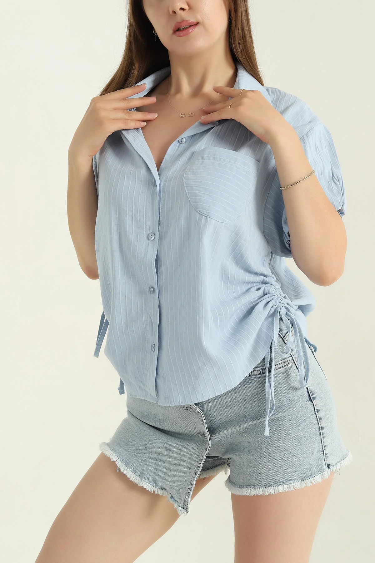 Bebe Mavisi Keten Büzmeli Balon Kol Kadın Gömlek 369026