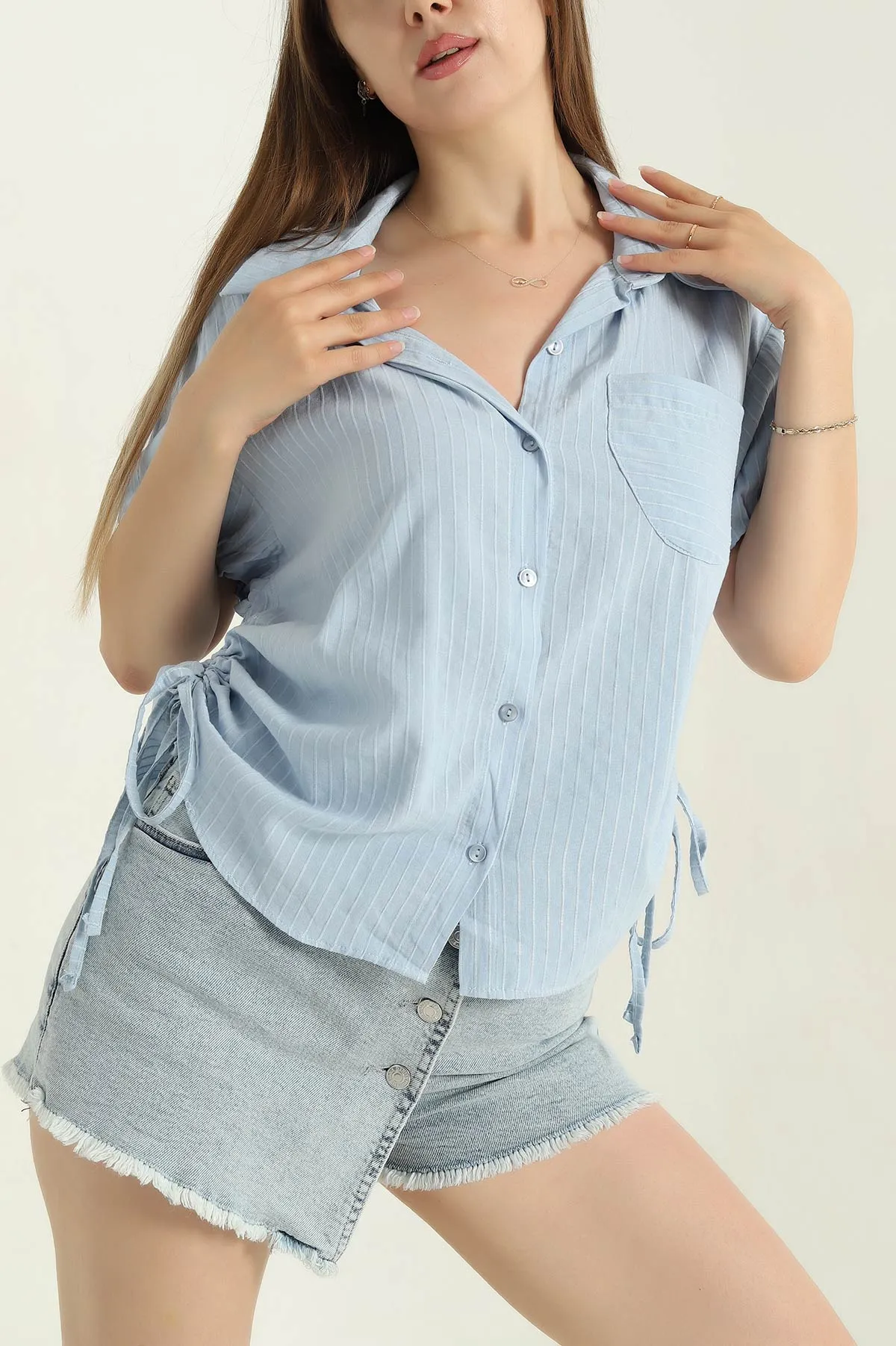 Bebe Mavisi Keten Büzmeli Balon Kol Kadın Gömlek 369026