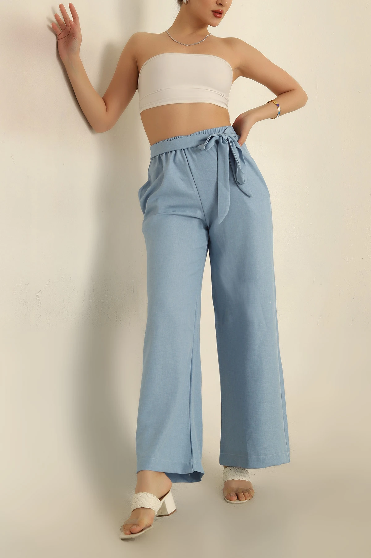 Bebe Mavisi Keten Palazzo Bağlamalı Pantolon 259927