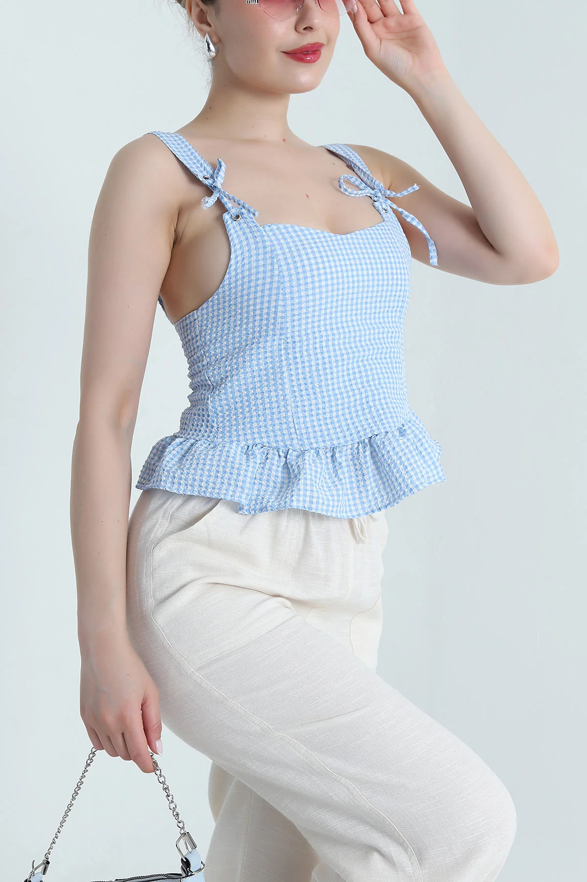 Bebe Mavisi Kuş Gözü Detay Gofre Kadın Bluz 471244