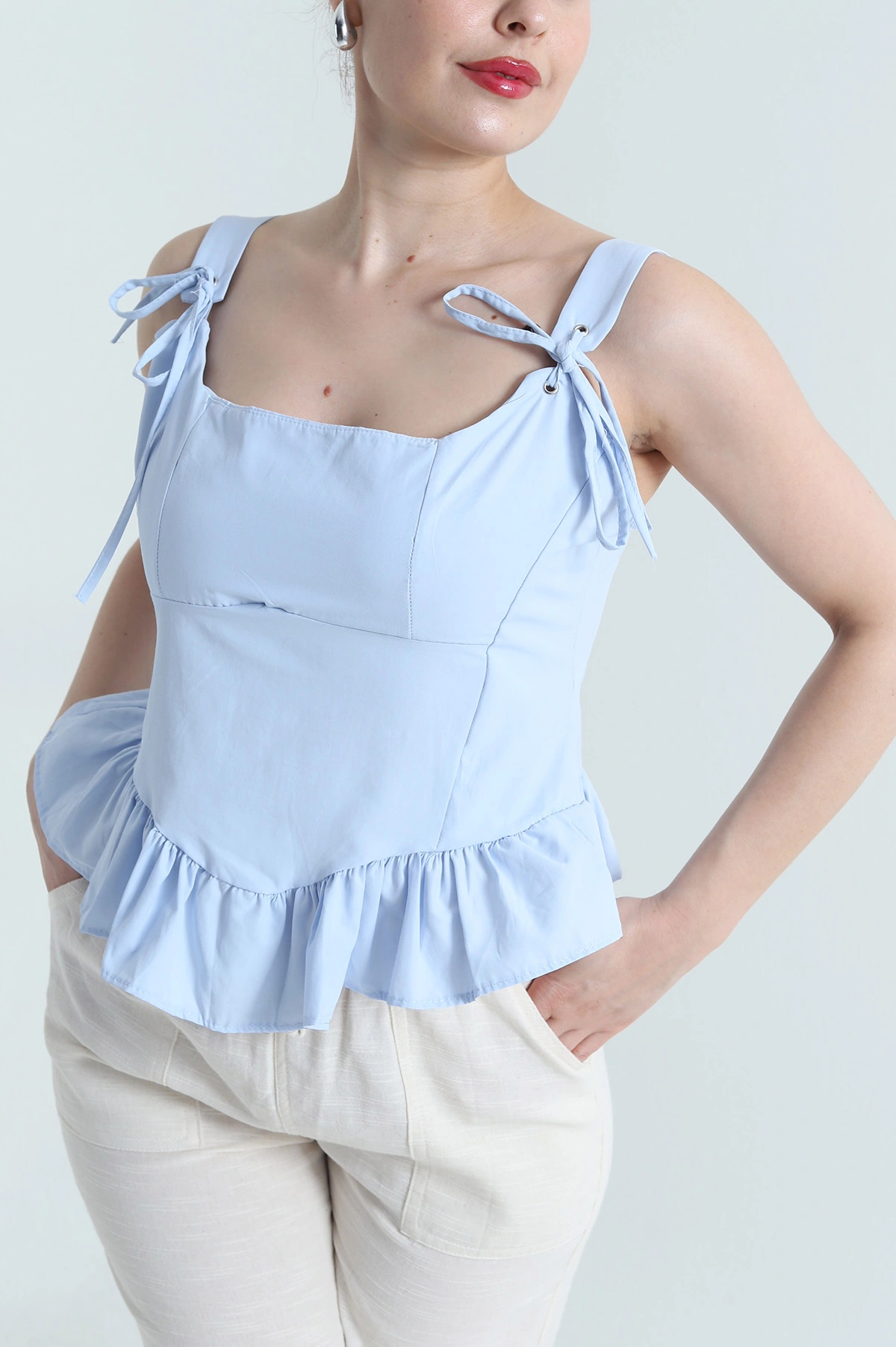 Bebe Mavisi Kuş Gözü Detay Poplin Kadın Bluz 470561
