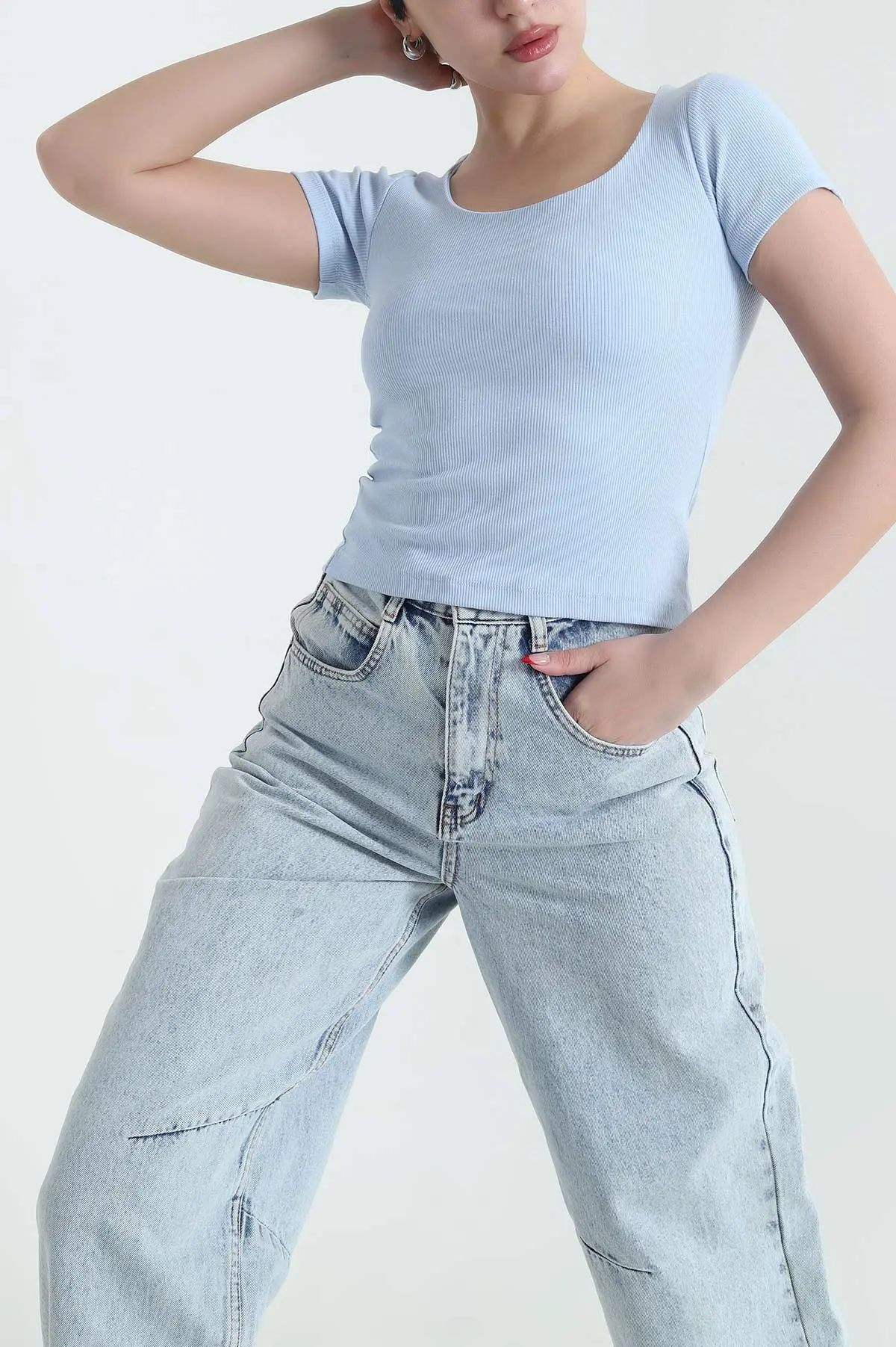 Bebe Mavisi Likralı Fitilli Kadın Bluz 432193