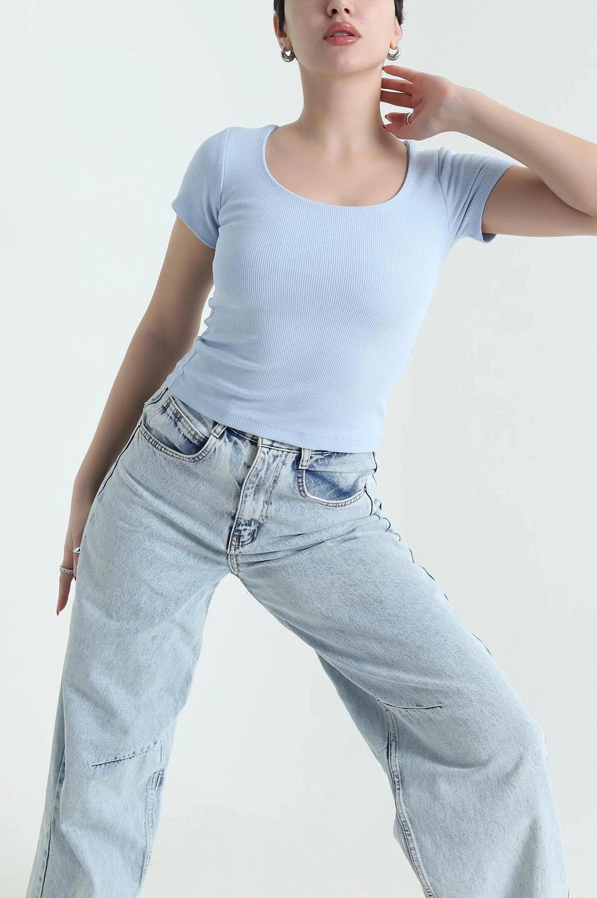 Bebe Mavisi Likralı Fitilli Kadın Bluz 432193