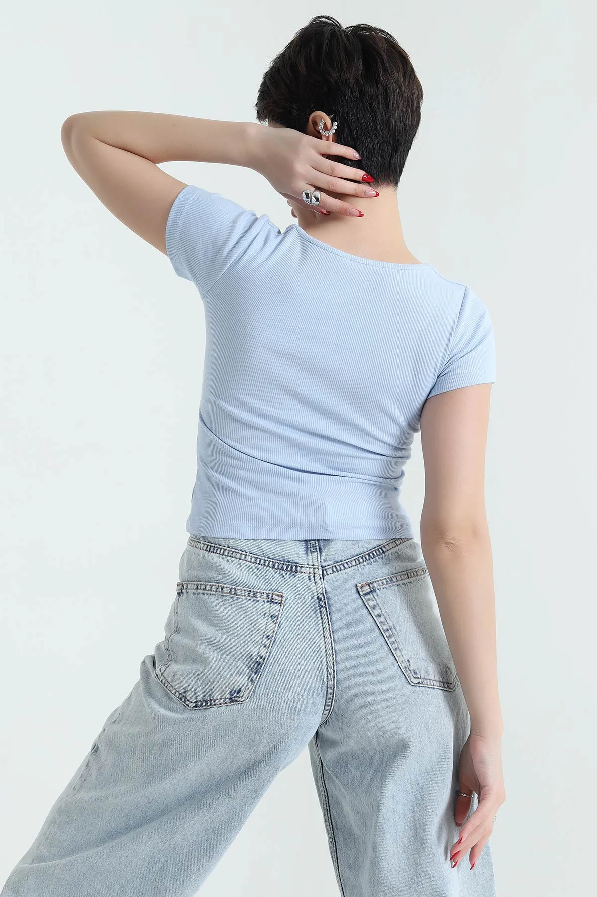 Bebe Mavisi Likralı Fitilli Kadın Bluz 432193