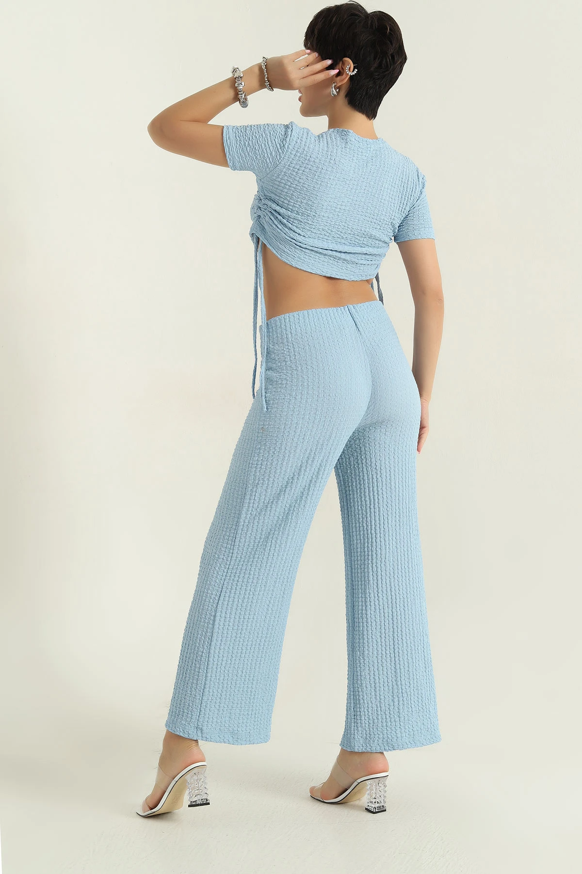 Bebe Mavisi Likralı Gofre Bluz Pantolon Kadın İkili Takım 374968