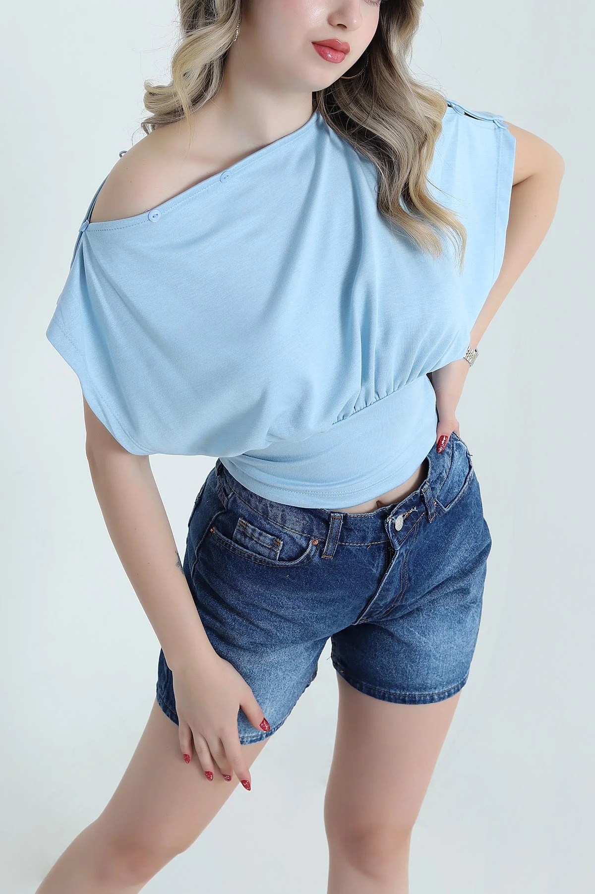 Bebe Mavisi Modal Düğmeli Kayık Yaka Kadın Bluz 471985