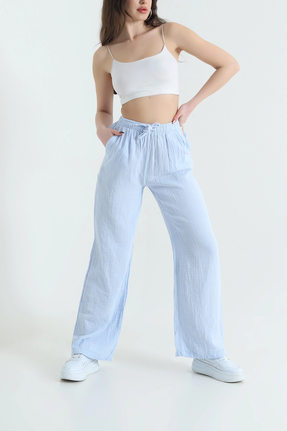 Bebe Mavisi Müslin Beli Lastikli Palazzo Kadın Pantolon 432490