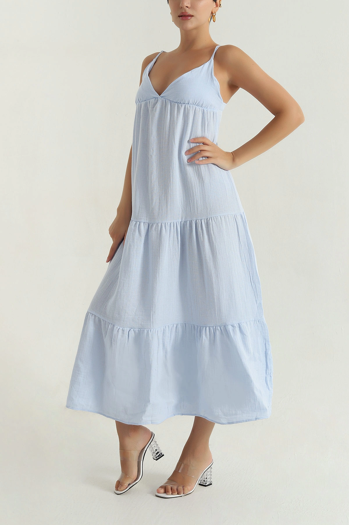 Bebe Mavisi Müslin Keten İp Askılı Kadın Elbise 380793