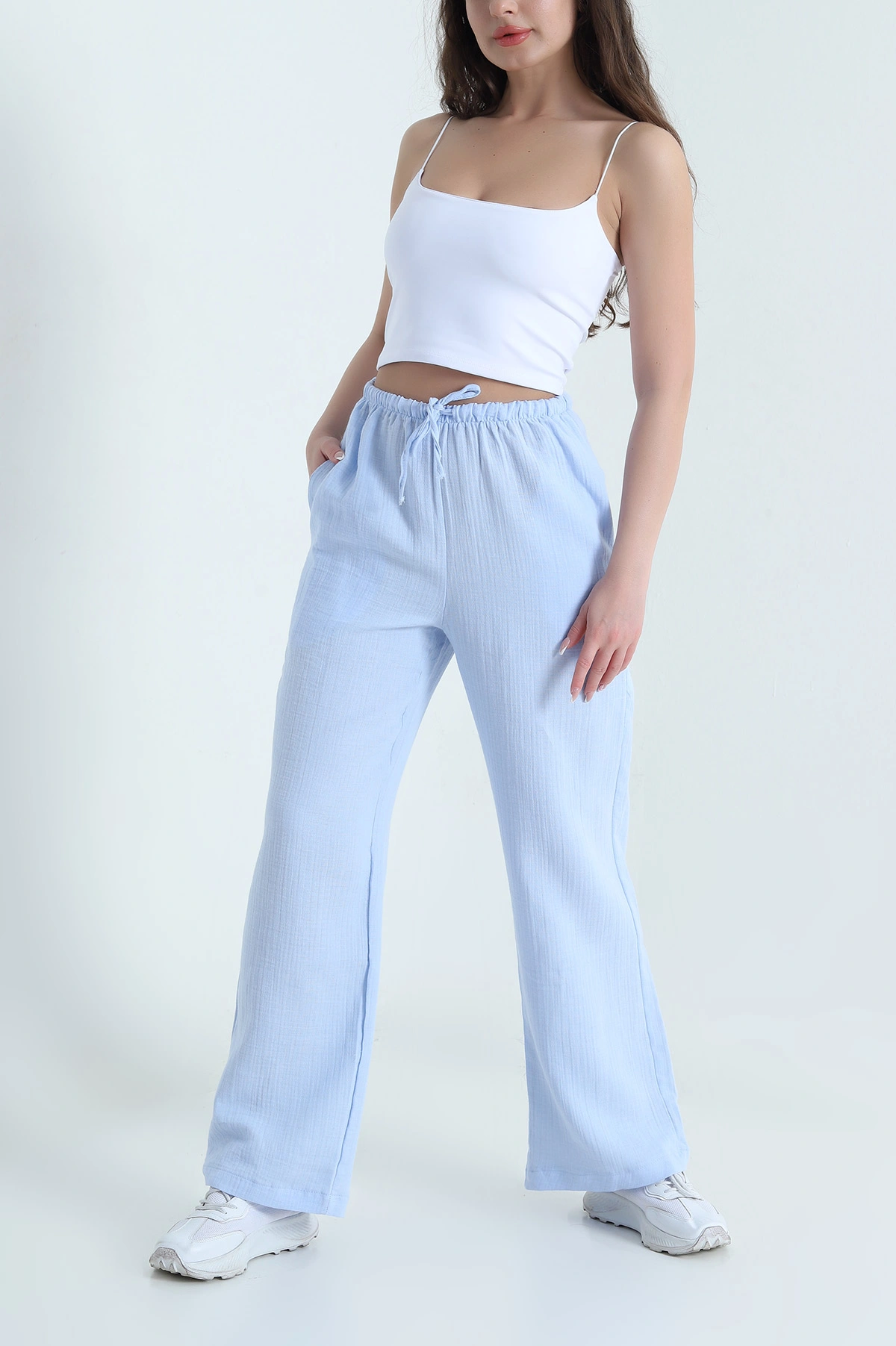 Bebe Mavisi Müslin Keten Kadın Palazzo Pantolon 455949