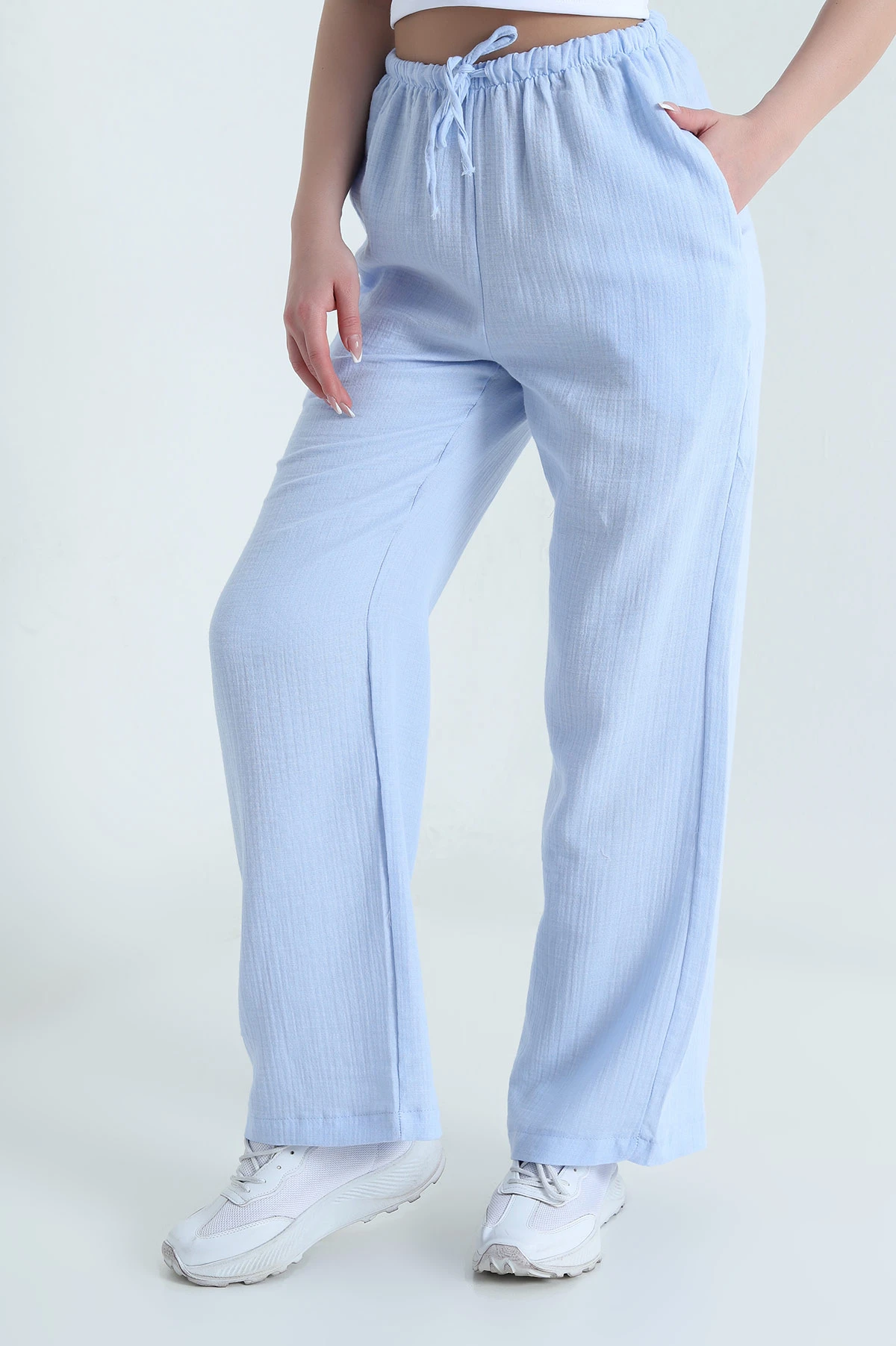 Bebe Mavisi Müslin Keten Kadın Palazzo Pantolon 455949