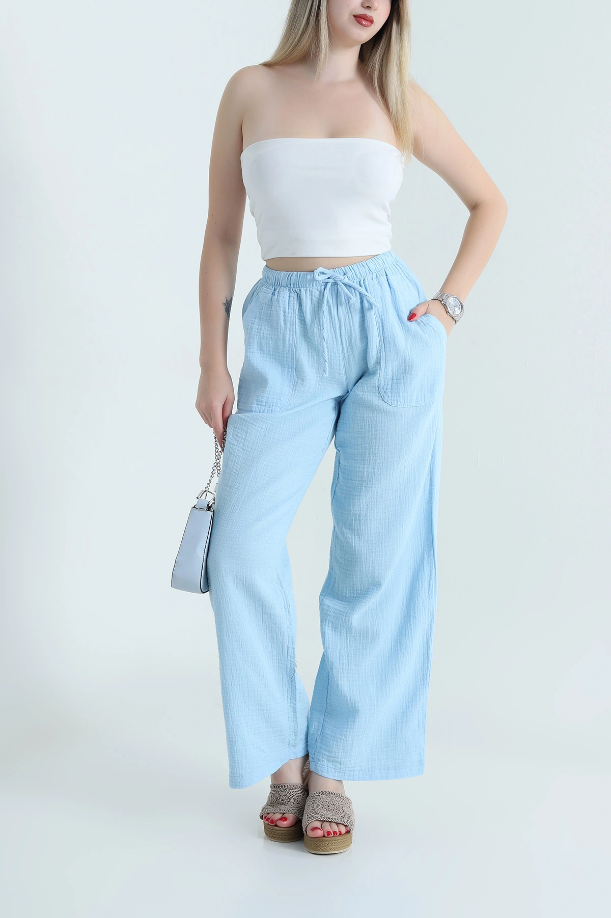 Bebe Mavisi Müslin Keten Kadın Pantolon 467904