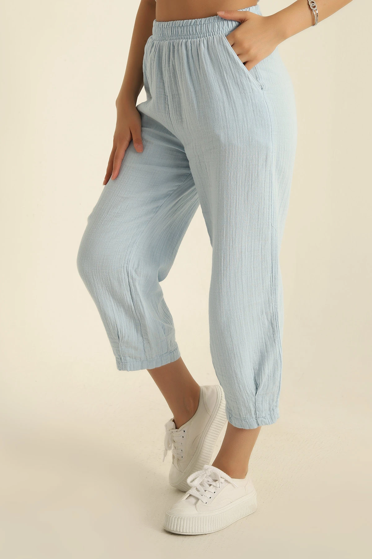 Bebe Mavisi Müslin Keten Paça Pensli Şalvar Pantolon 279839