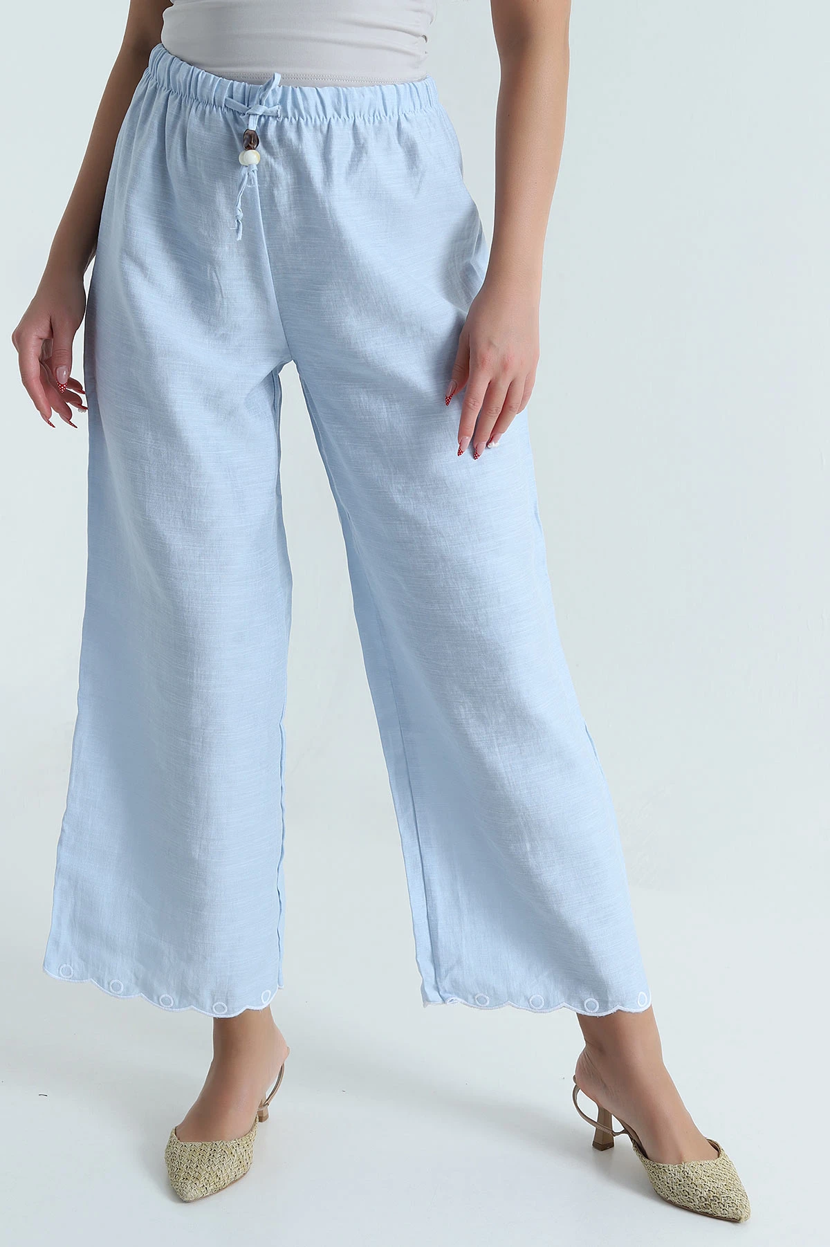 Bebe Mavisi Nakışlı Bol Paça Tasarım Kadın Pantolon 475273