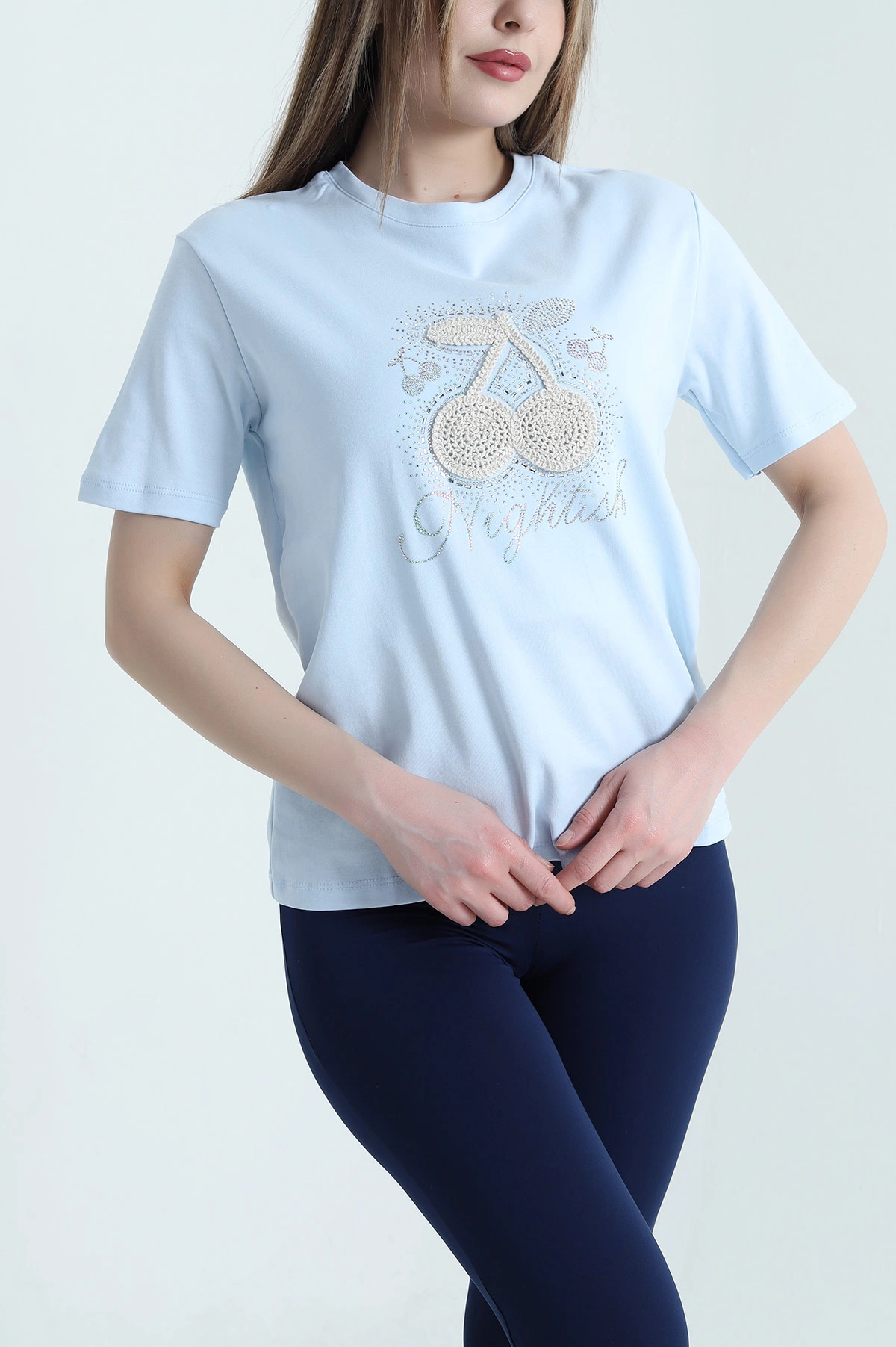 Bebe Mavisi Nakışlı Taşlı İnterlok Kadın Tişört 439397