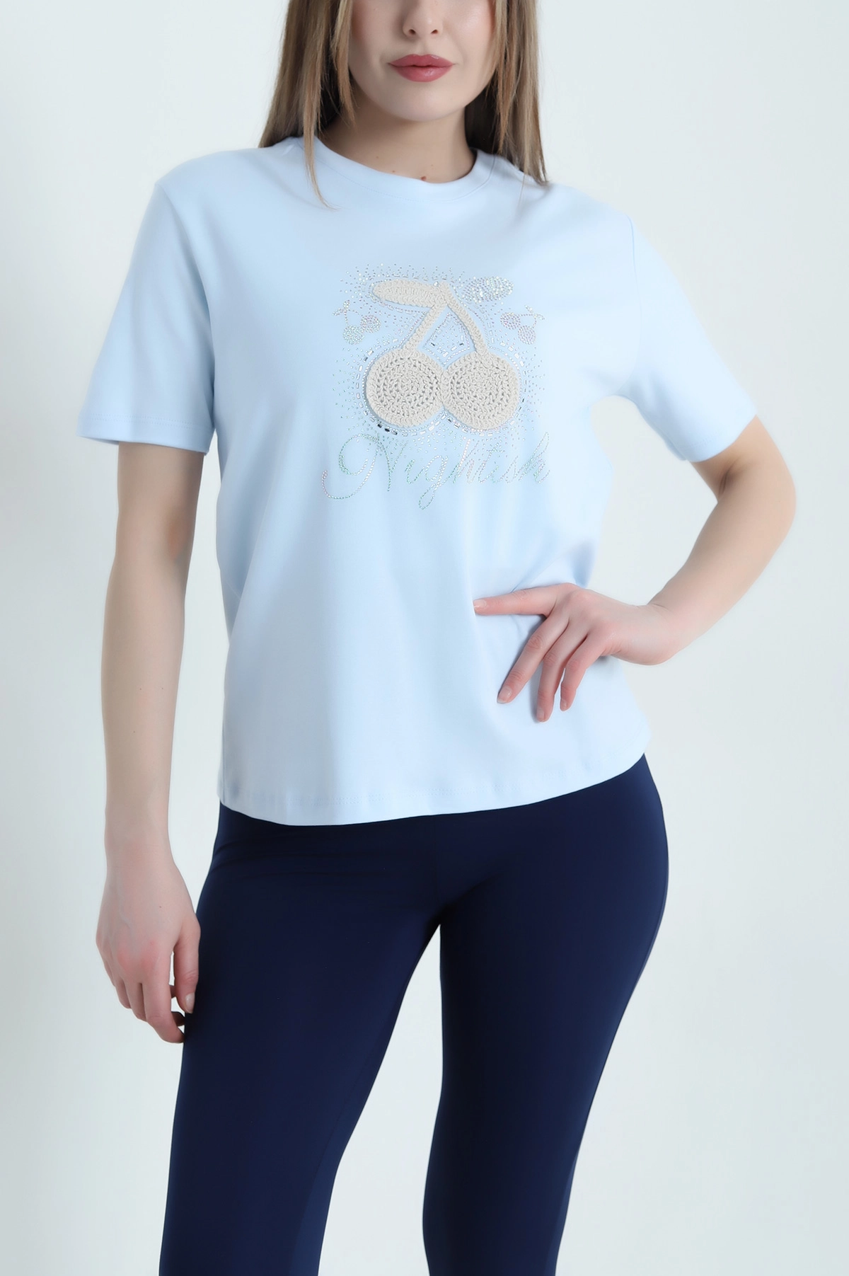 Bebe Mavisi Nakışlı Taşlı İnterlok Kadın Tişört 439397