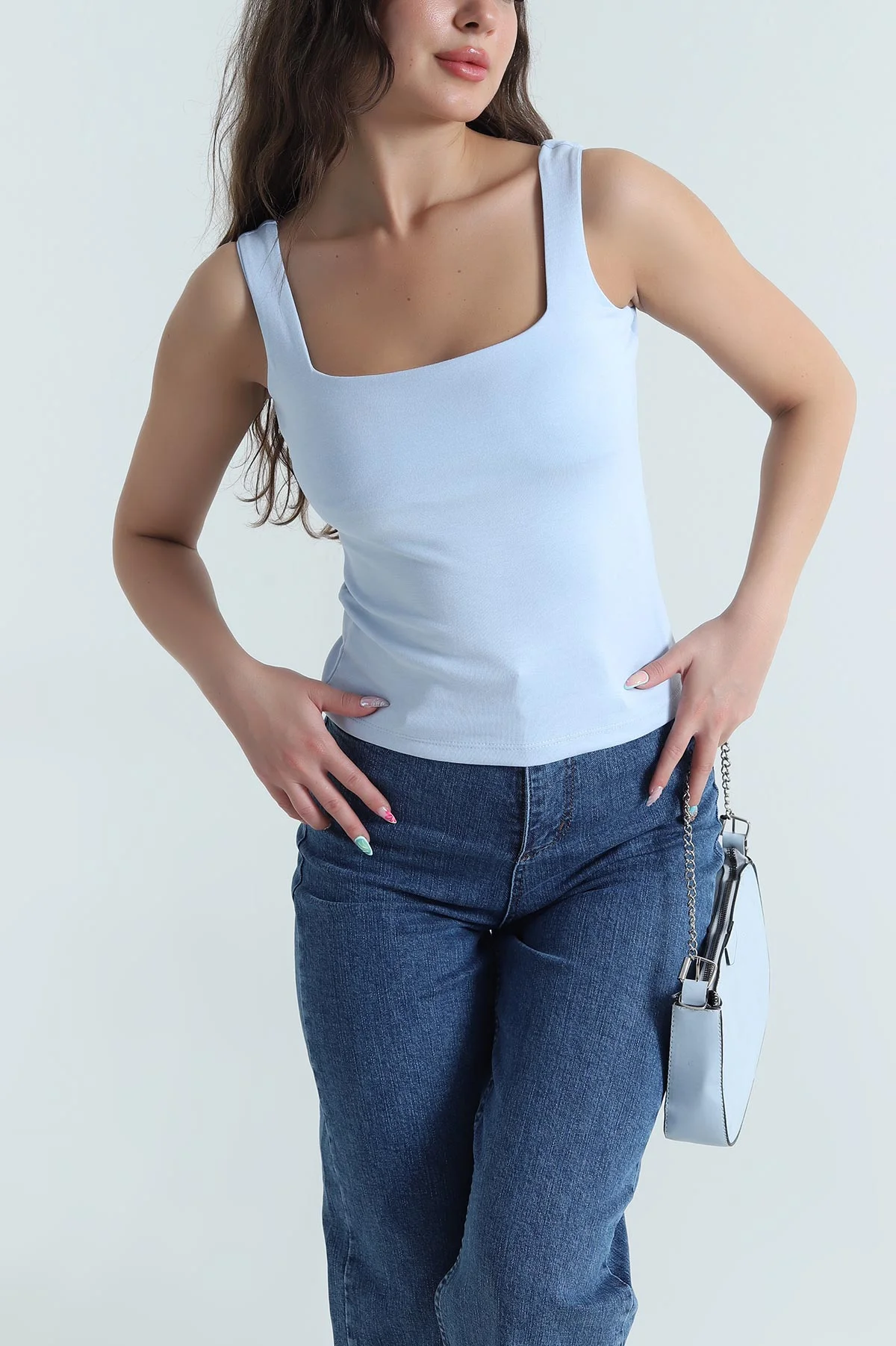 Bebe Mavisi Ön Arka Kare Yaka Kadın Bluz 465301