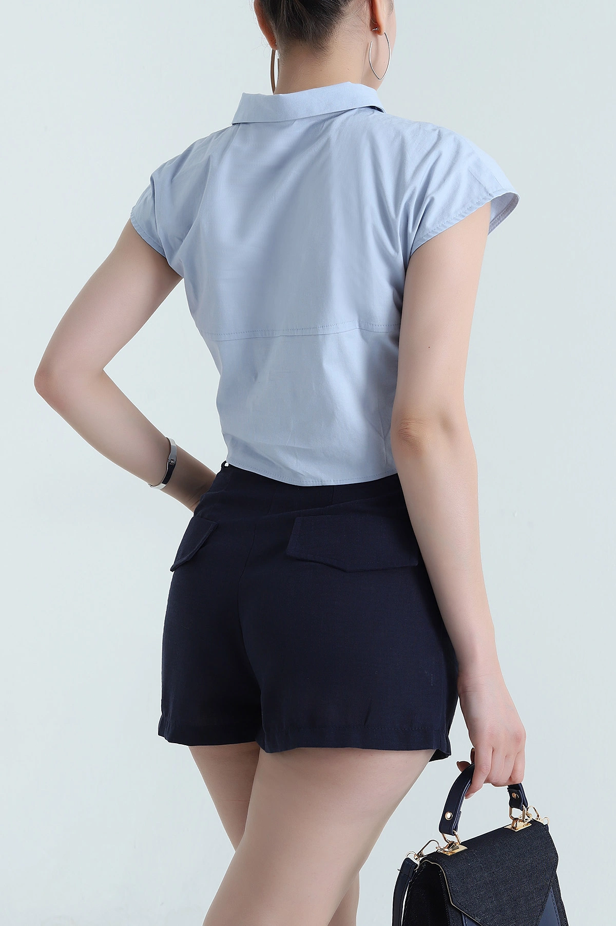 Bebe Mavisi Oval Kesim Poplin Kadın Crop Gömlek 472293