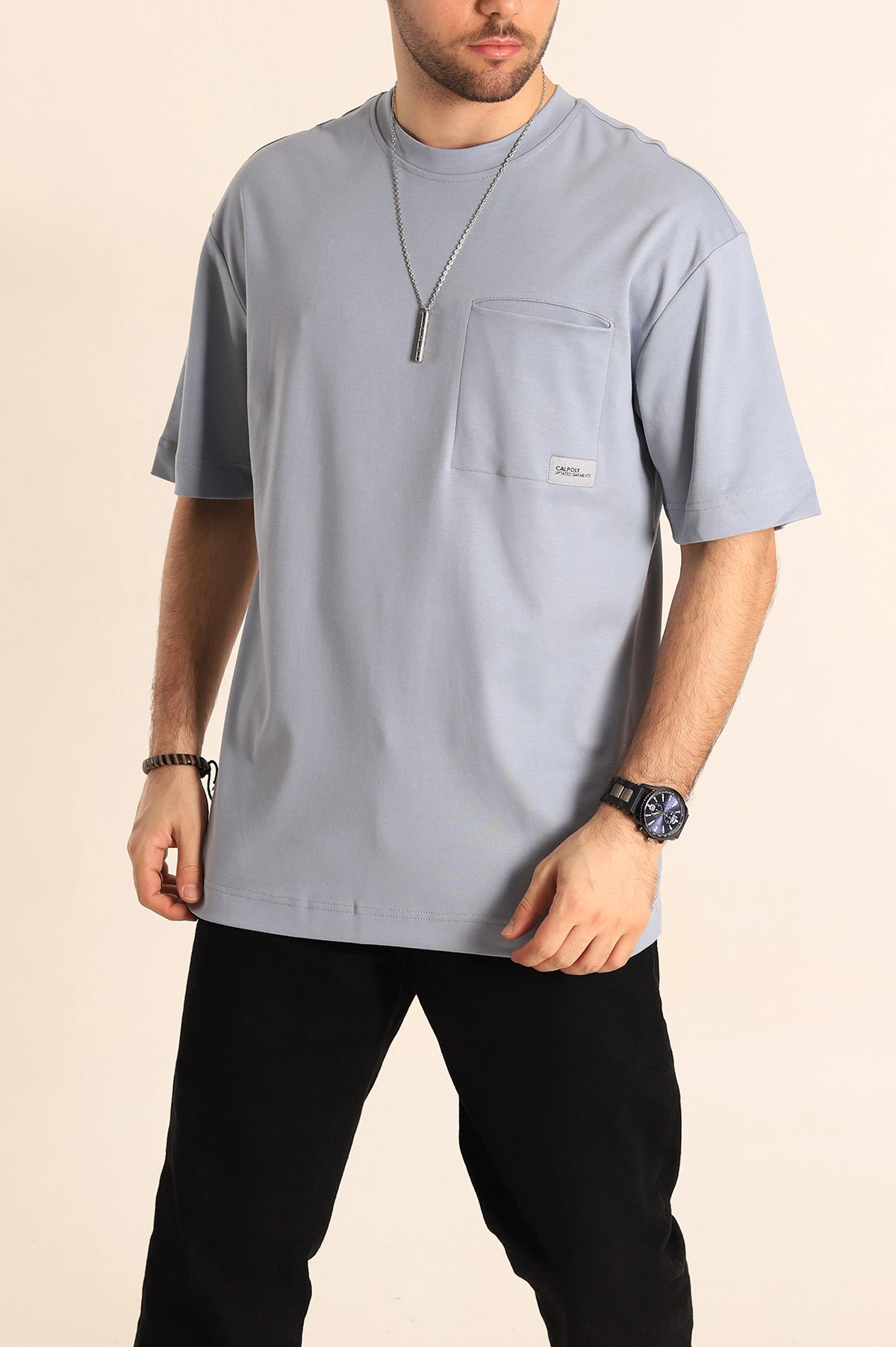 Bebe Mavisi Oversize Cep Detaylı Erkek Tişört 253323