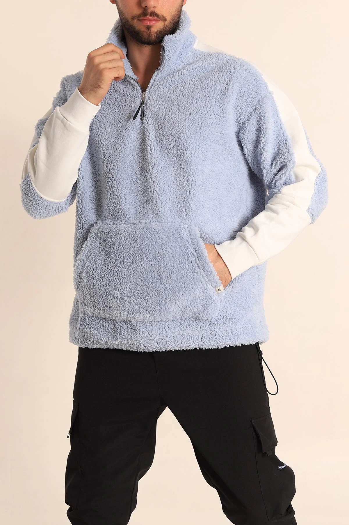 Bebe Mavisi Oversize Kol Detaylı Kanguru Cepli Yarım Fermuar Peluş Sweatshirt 233948