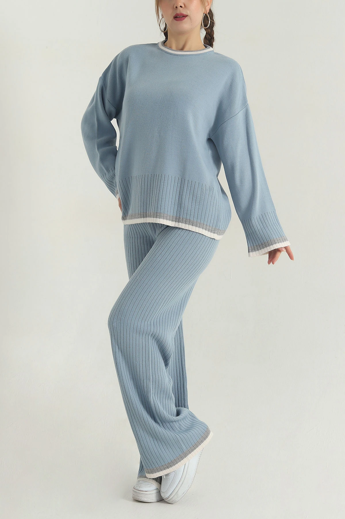 Bebe Mavisi Oversize Likralı Triko Kadın İkili Takım 401783