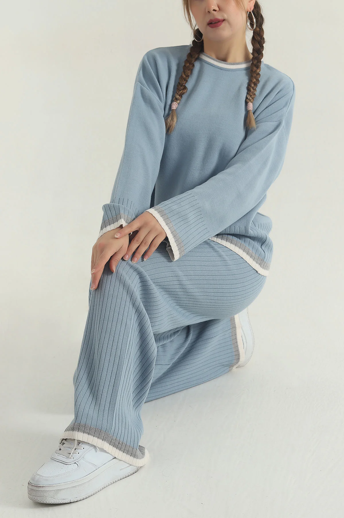 Bebe Mavisi Oversize Likralı Triko Kadın İkili Takım 401783