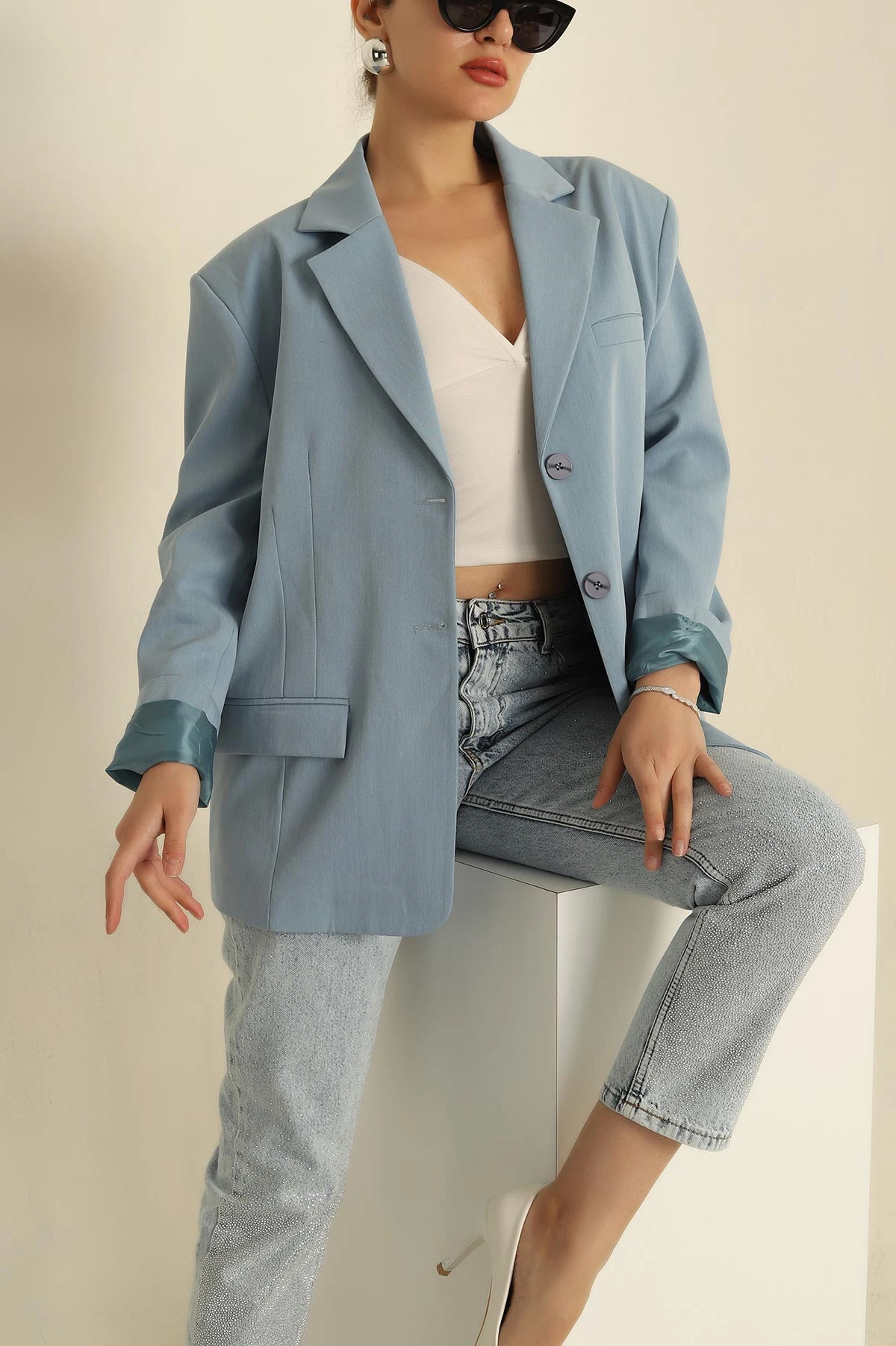 Bebe Mavisi Oversize Poliviskon Blazer Ceket 268060
