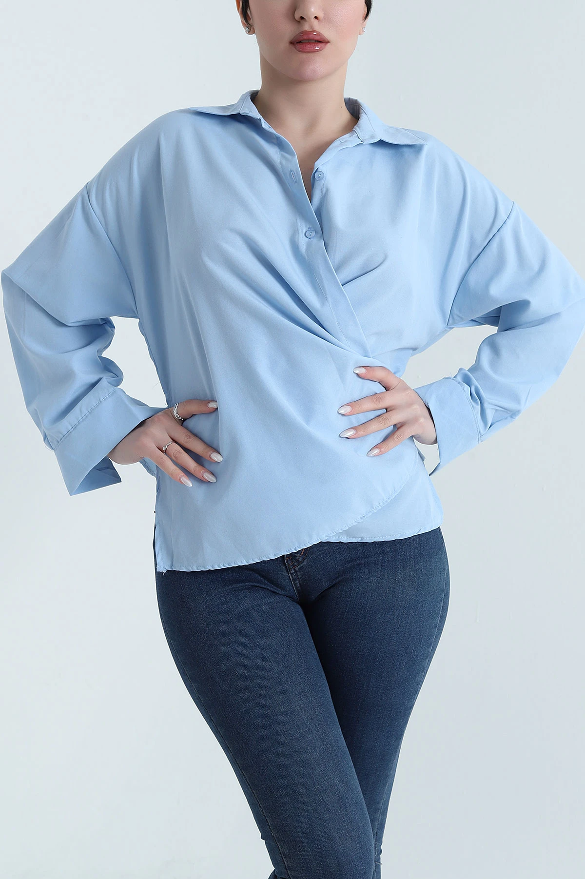 Bebe Mavisi Oversize Poplin Kadın Gömlek 448917