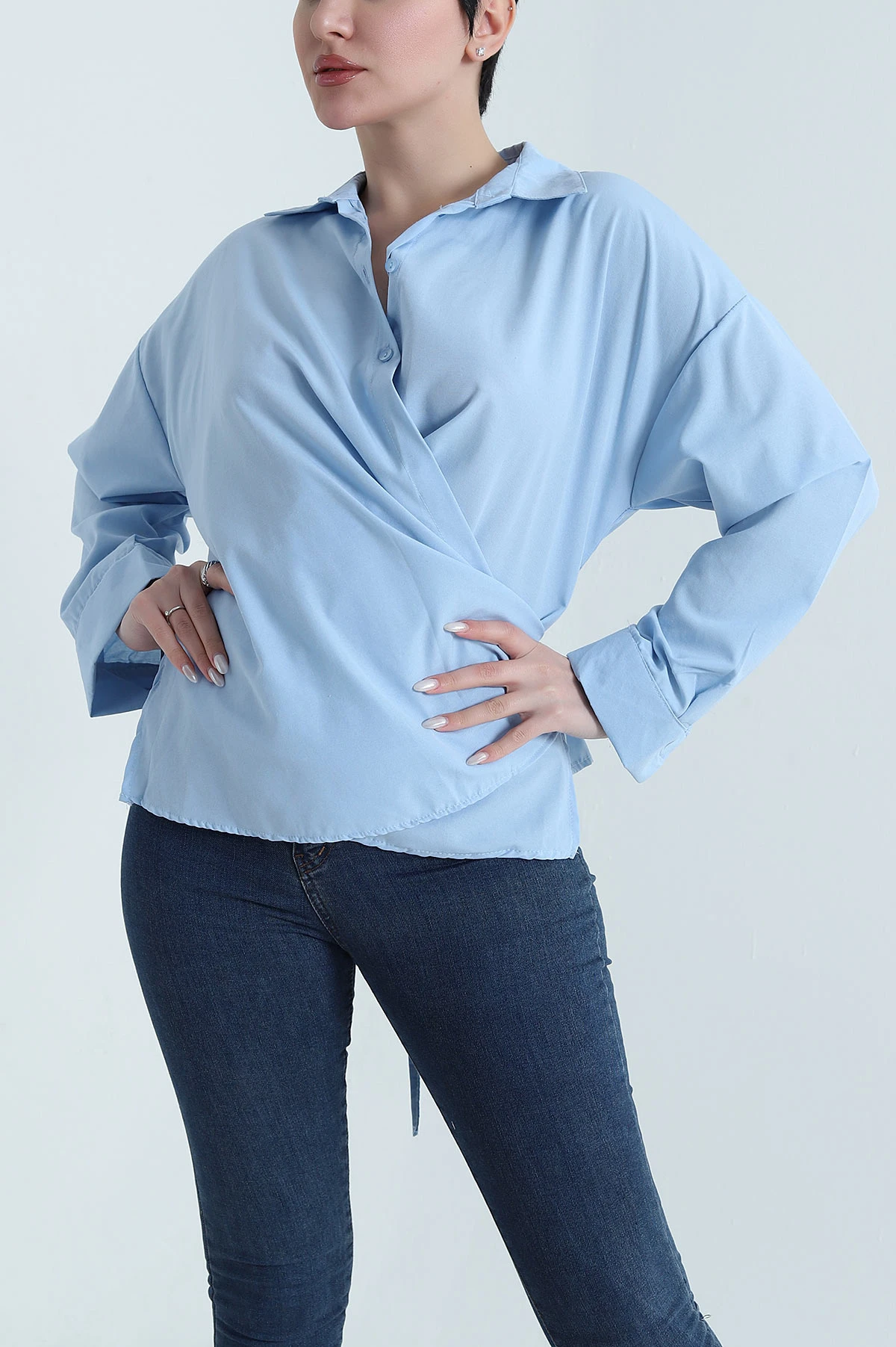 Bebe Mavisi Oversize Poplin Kadın Gömlek 448917