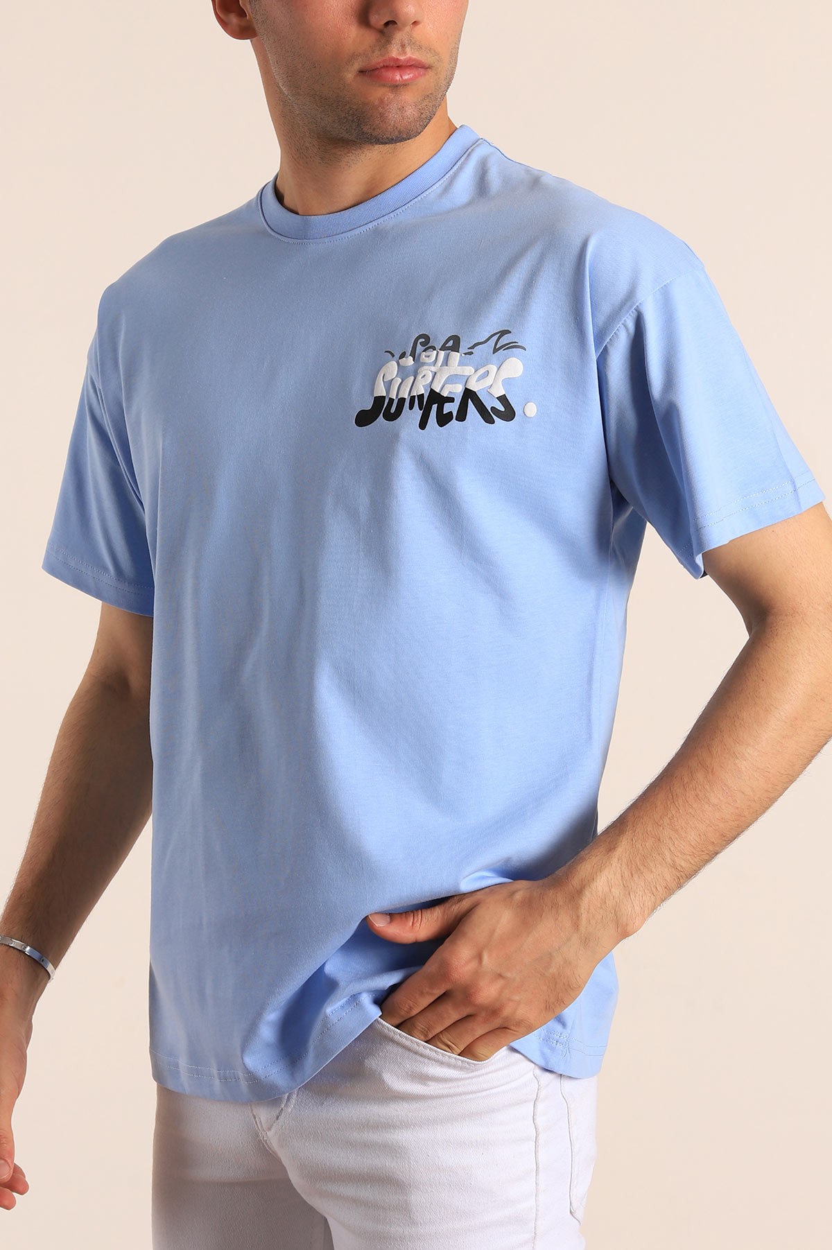 Bebe Mavisi Oversize Sea Surfers Sırt Kabartmalı Erkek Tişört 184269
