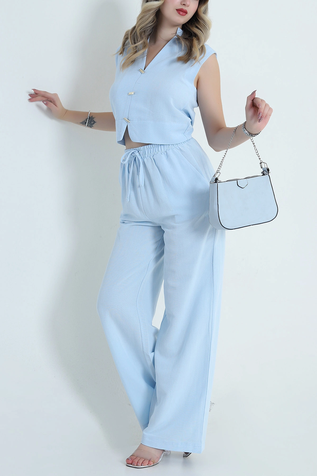 Bebe Mavisi Pantolon Bluz Keten Kadın İkili Takım 479514