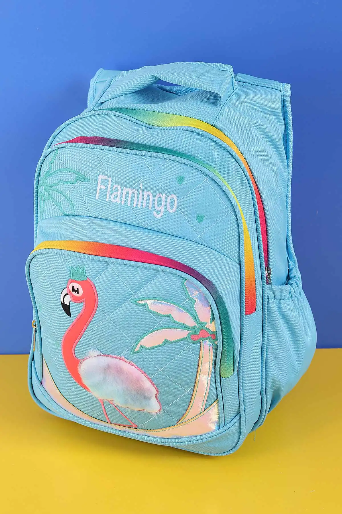 Bebe Mavisi Peluş Flamingo Kabartma Desenli Beslenme Çantalı İkili Sırt Çantası Seti 288997
