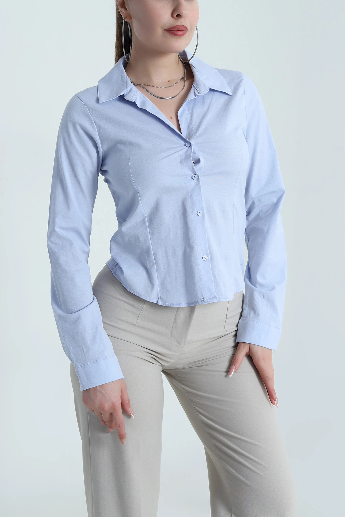 Bebe Mavisi Pensli Poplin Kadın Gömlek 490776