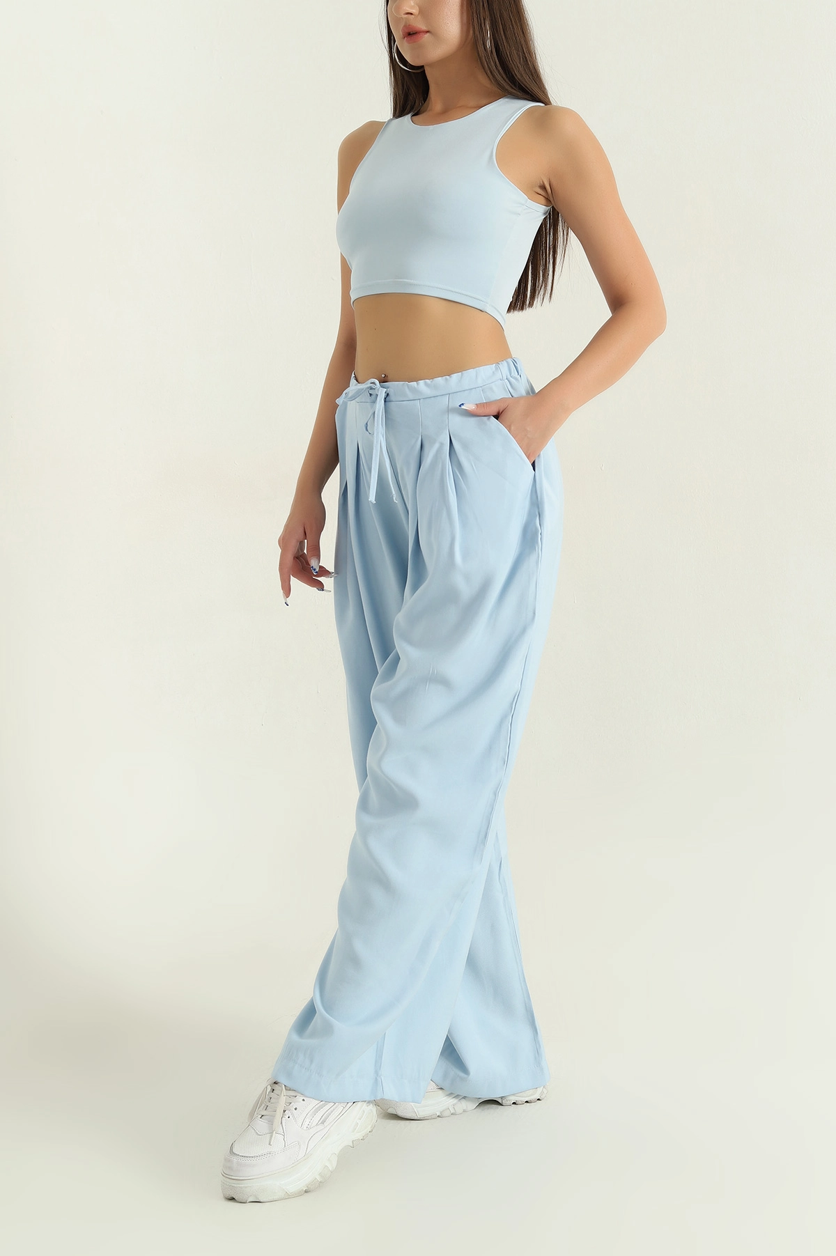 Bebe Mavisi Pileli Tencel Bol Paça Kadın Pantolon 369815
