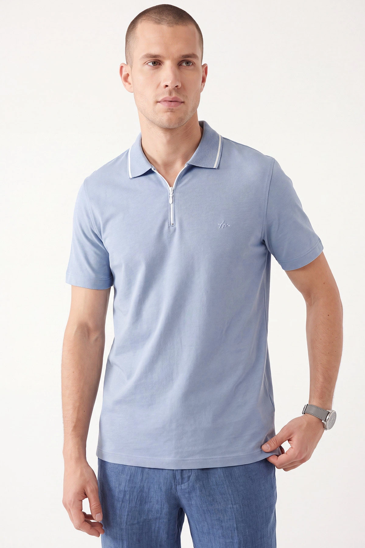 Bebe Mavisi Polo Yaka Yarım Fermuarlı Erkek Tişört 471706