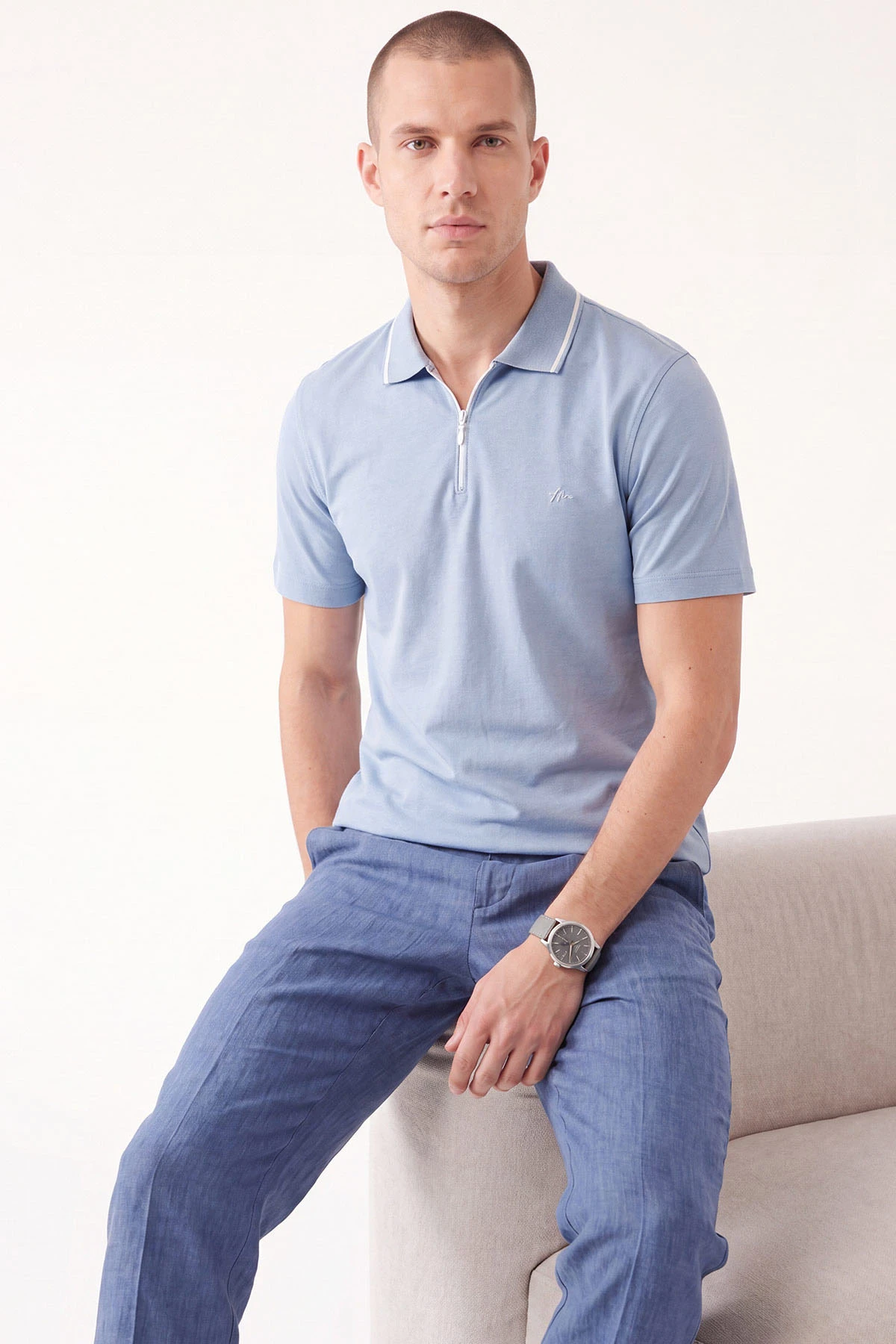 Bebe Mavisi Polo Yaka Yarım Fermuarlı Erkek Tişört 471706