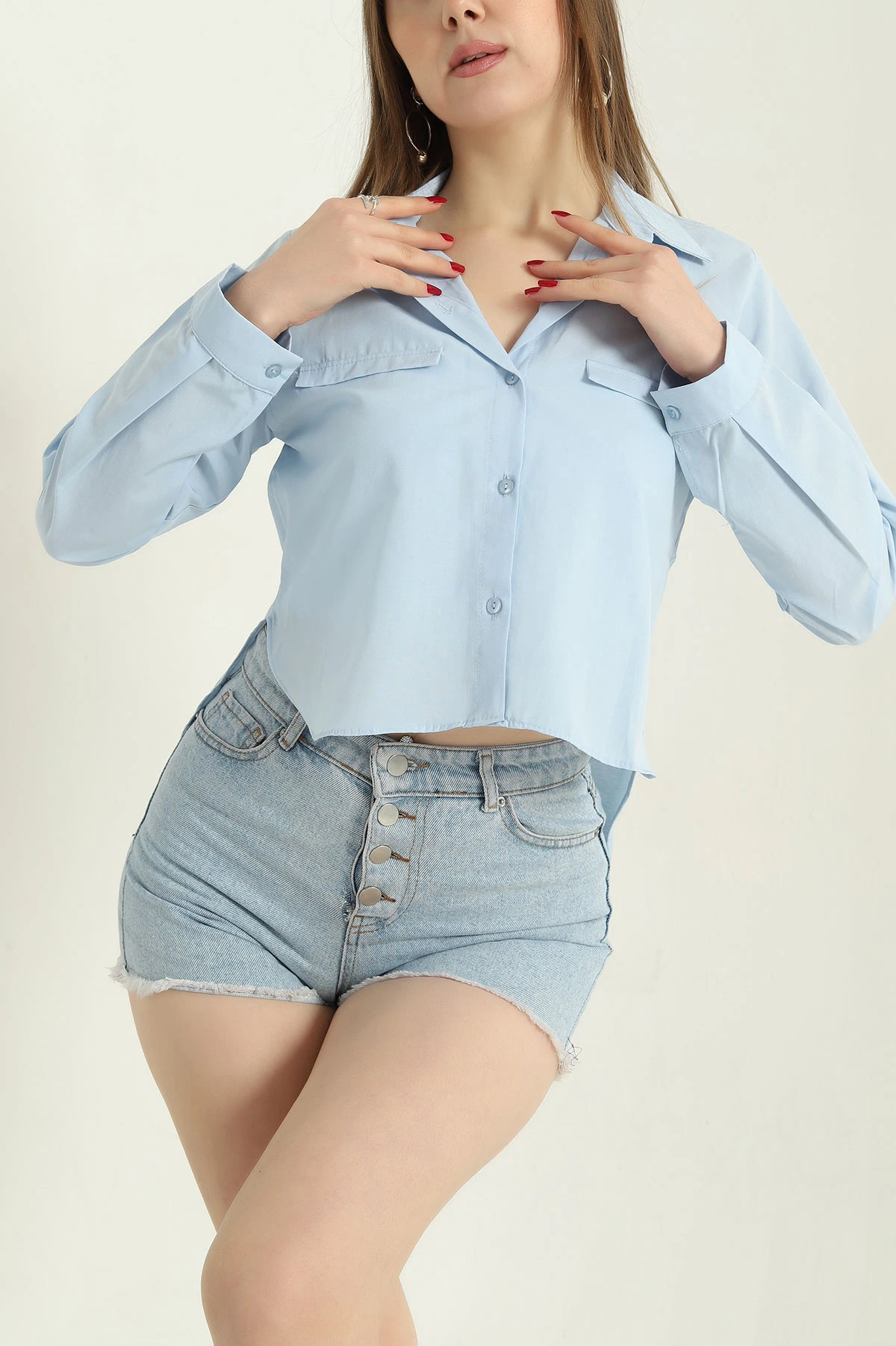 Bebe Mavisi Poplin Bayan Crop Gömlek 336966