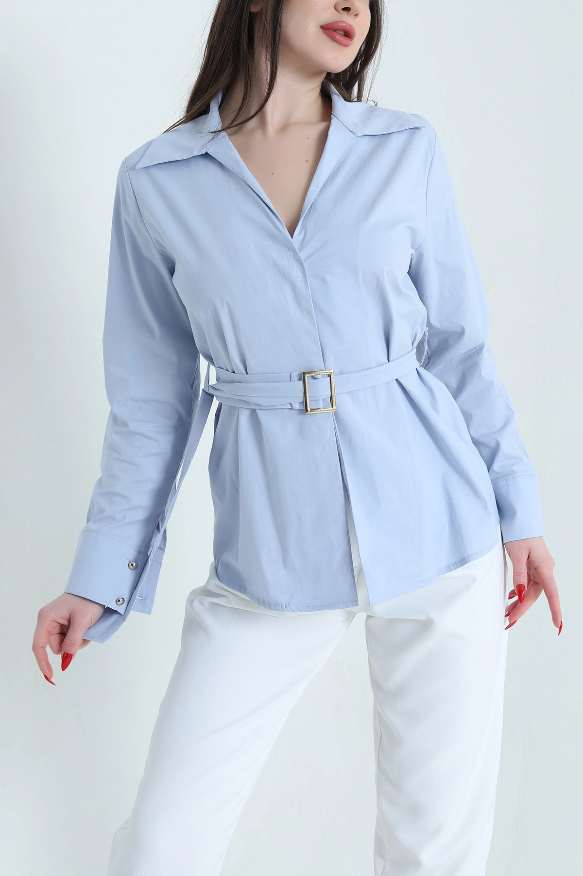 Bebe Mavisi Poplin Kruvaze Yaka Kadın Gömlek 442575